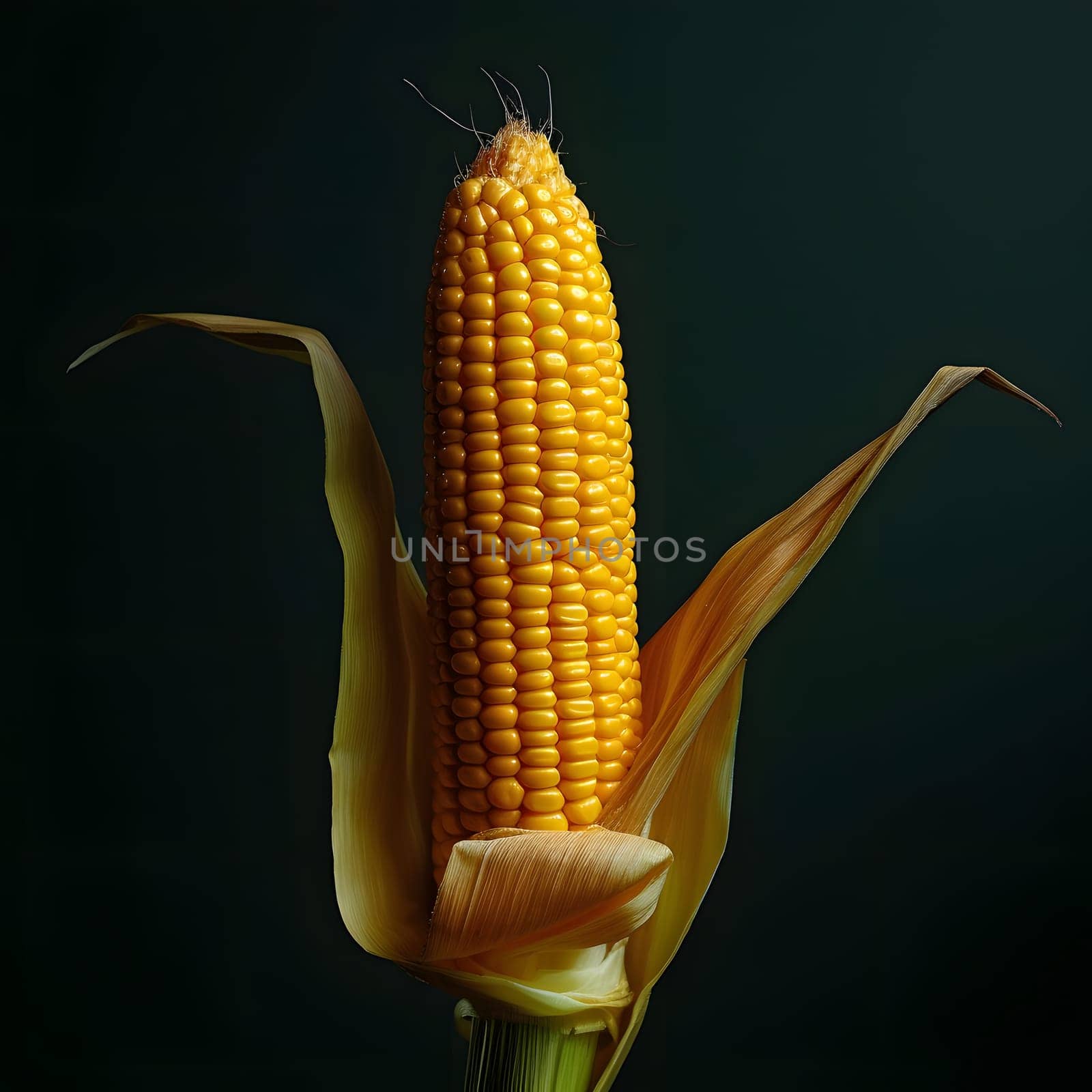 Growing yellow cob, corn with leaves, isolated on a dark background. Corn as a dish of thanksgiving for the harvest. by ThemesS