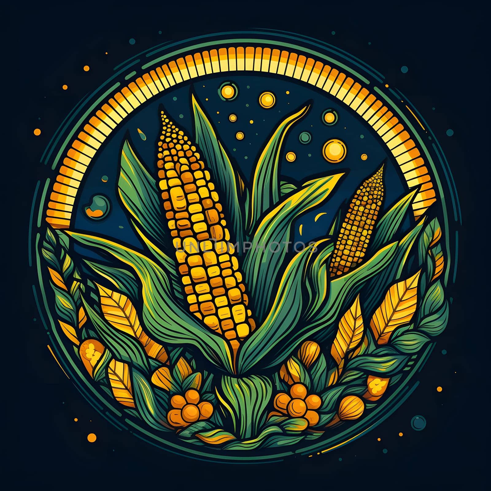 Logo cob and corn in circle stained glass composition, dark background. Corn as a dish of thanksgiving for the harvest. An atmosphere of joy and celebration.
