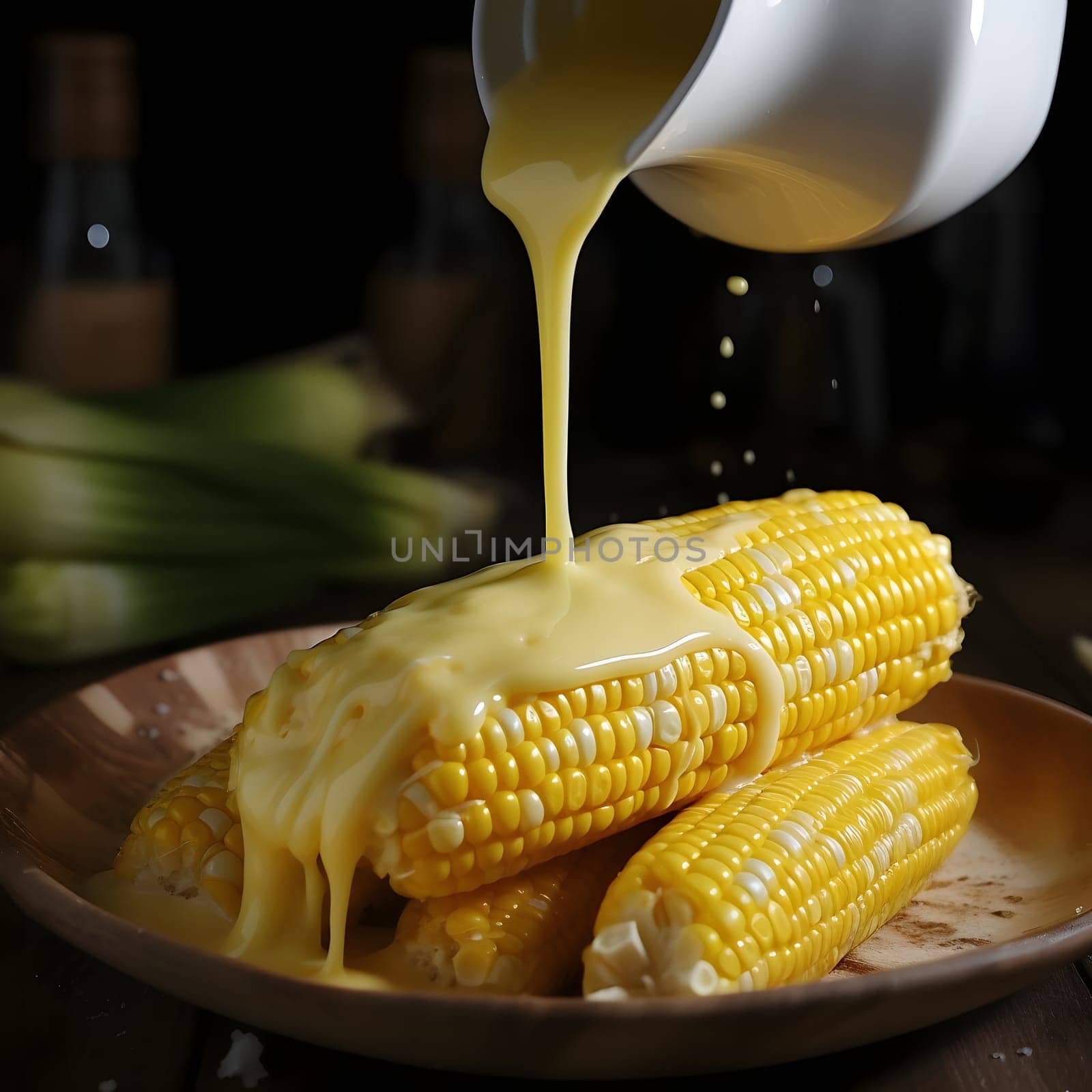 Four yellow corn cobs doused with corn sauce on a plate. Corn as a dish of thanksgiving for the harvest. An atmosphere of joy and celebration.
