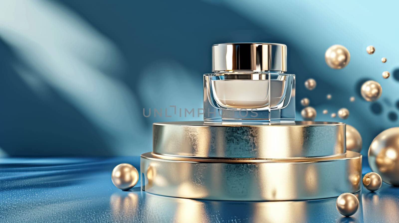 Cosmetic cream in a glass jar on blue backdrop. Skin care concept. Background for beauty products by Olayola