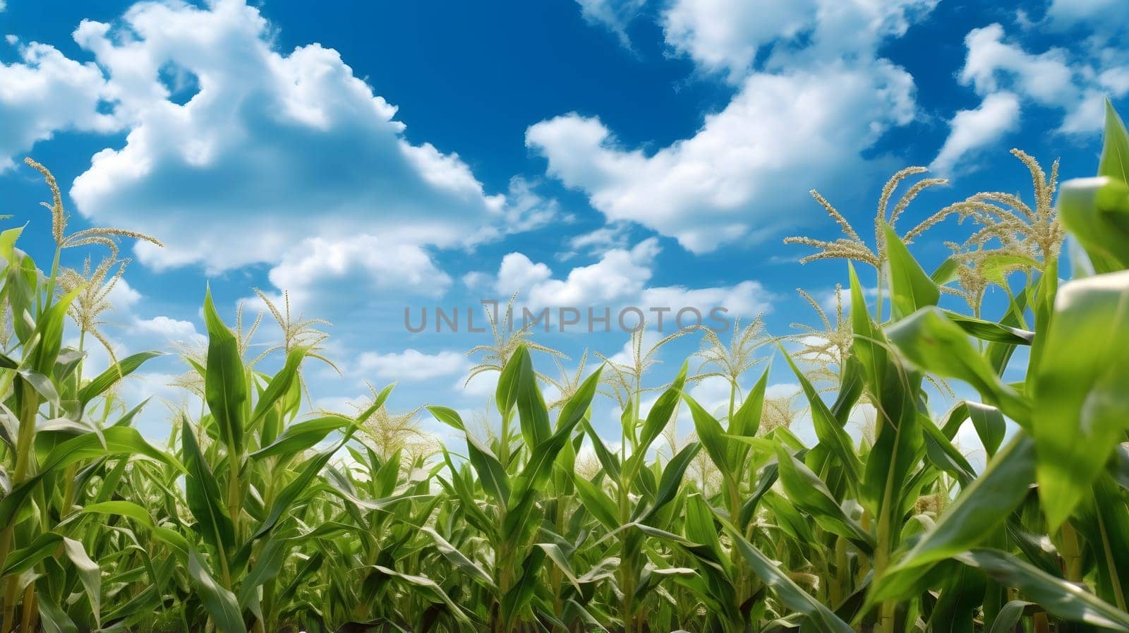 View of corn field from below up flowing clouds in the sky. Corn as a dish of thanksgiving for the harvest. by ThemesS