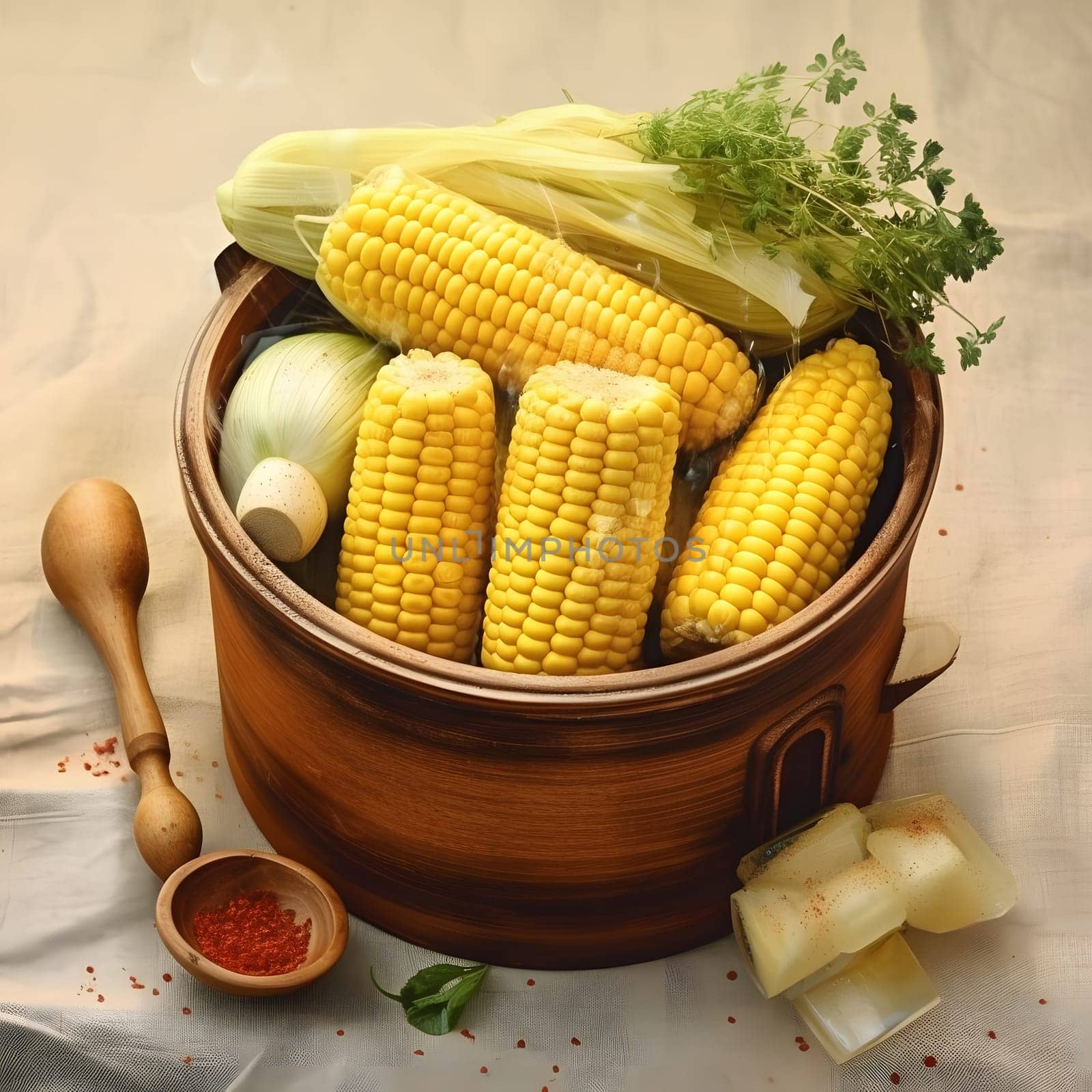 Yellow corn cobs on a wooden bucket. Corn as a dish of thanksgiving for the harvest. by ThemesS