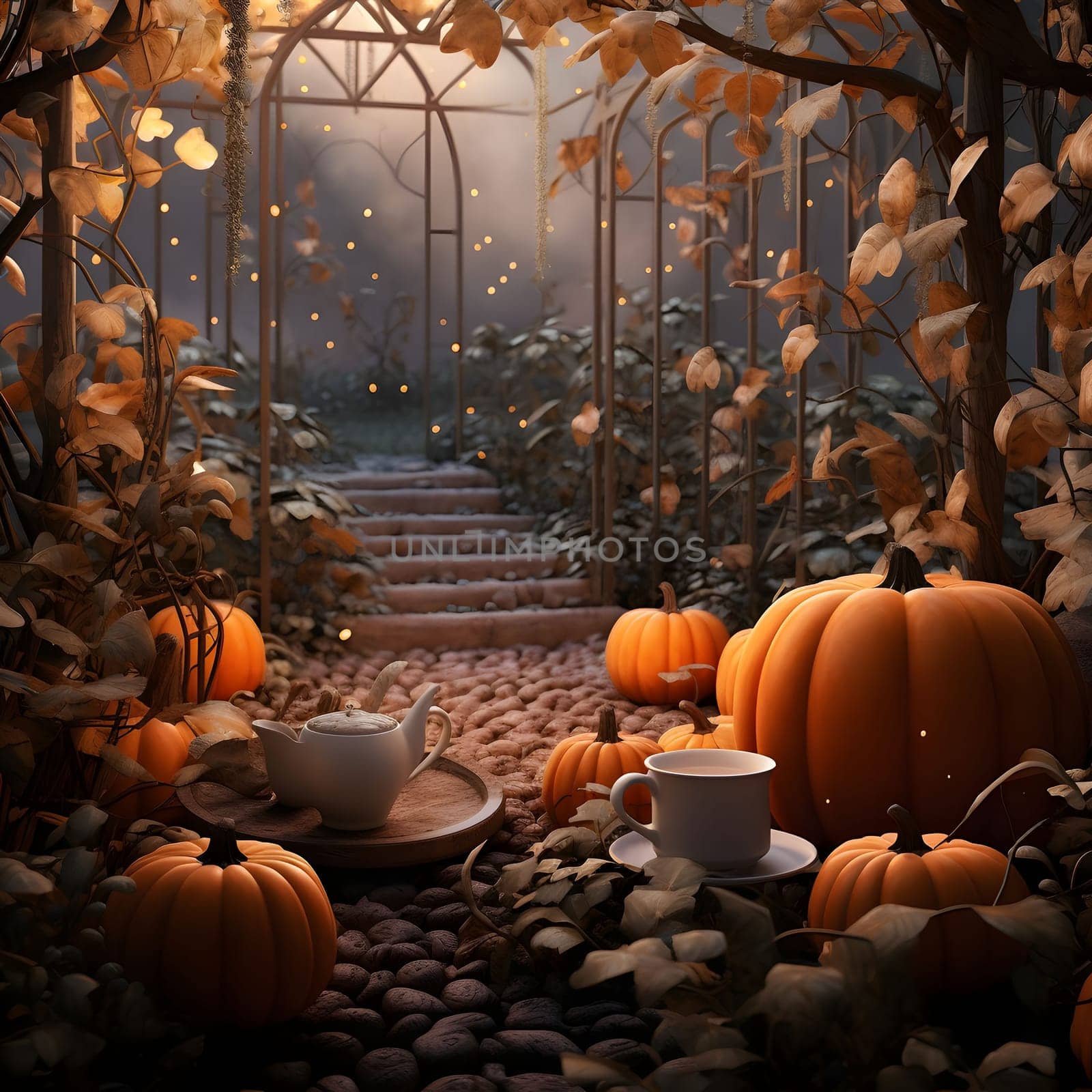 Illustrations, garden and in it pumpkins, tea, mugs. Pumpkin as a dish of thanksgiving for the harvest. by ThemesS