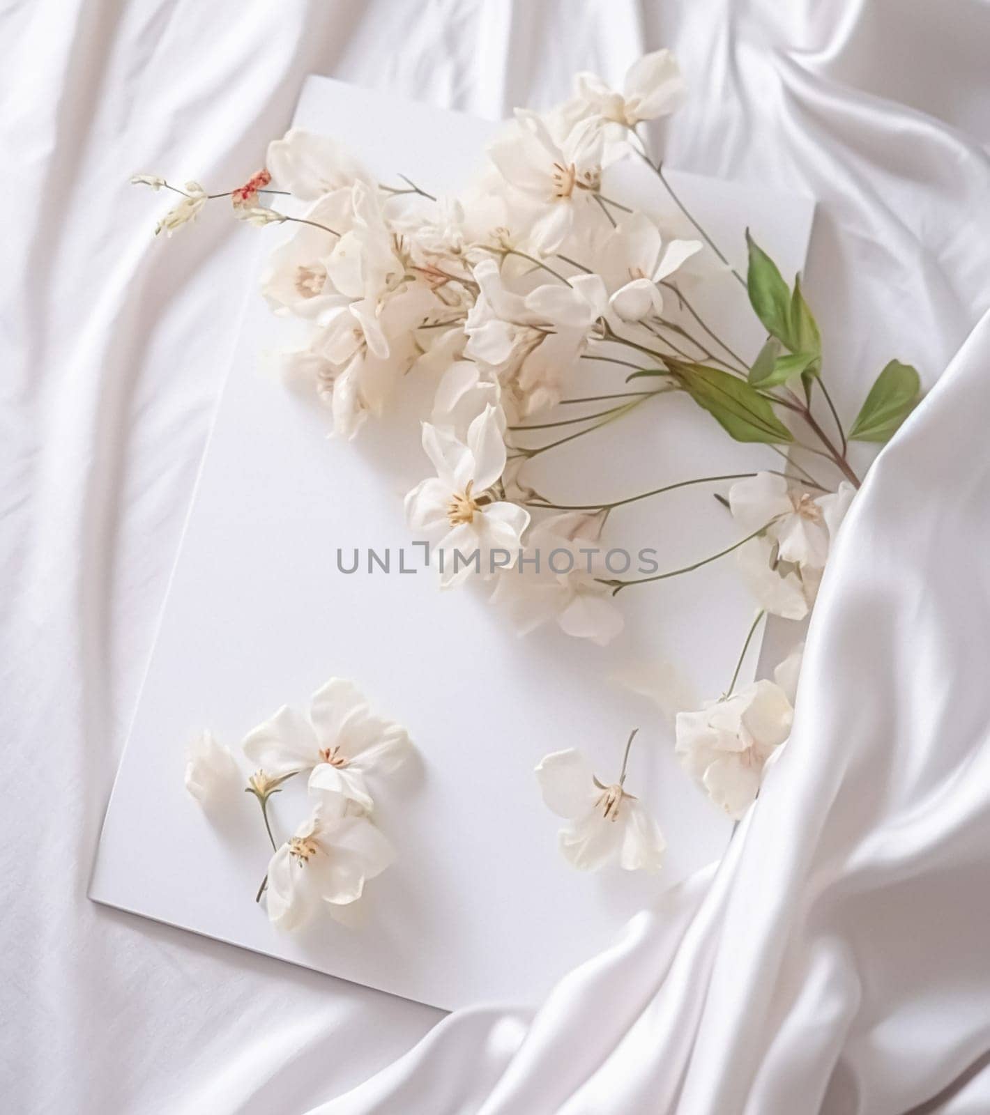 White flowers on white fabric. Flat lay, top view, copy space. Floral background. by Olayola