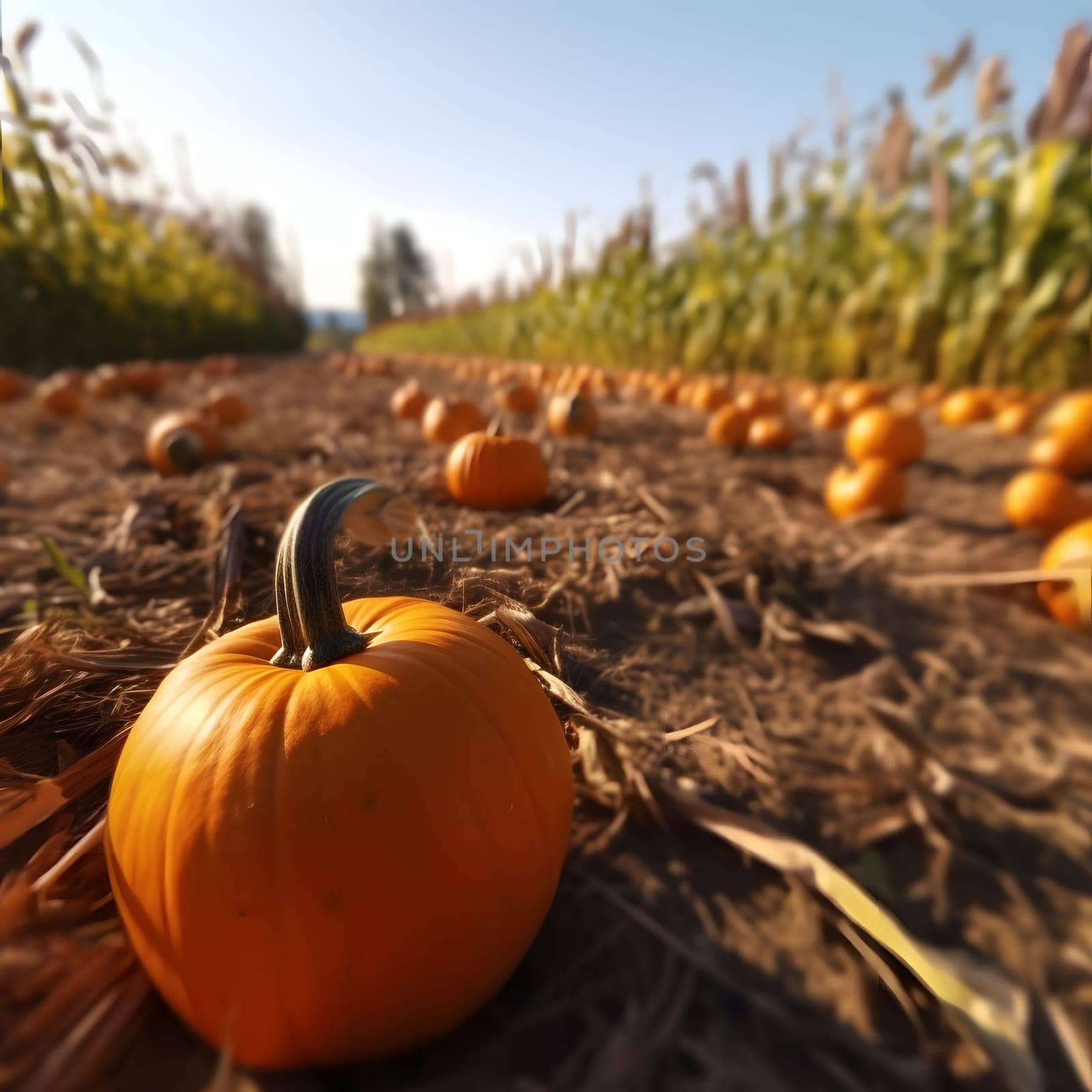 Picked pumpkins in the field in the background corn field, smudged. Pumpkin as a dish of thanksgiving for the harvest. by ThemesS