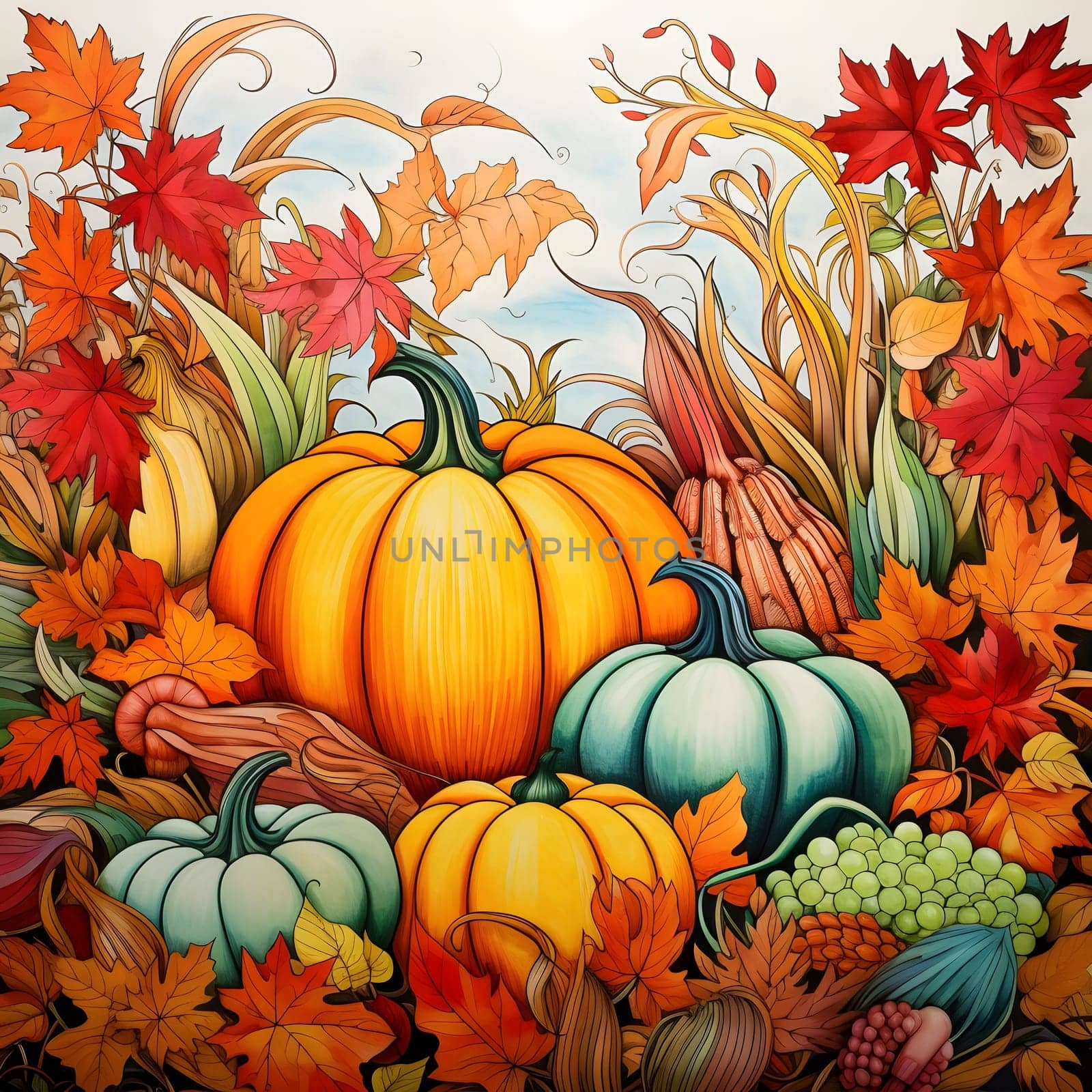 Illustration of pumpkins, leaves, harvest from the field. Pumpkin as a dish of thanksgiving for the harvest. by ThemesS