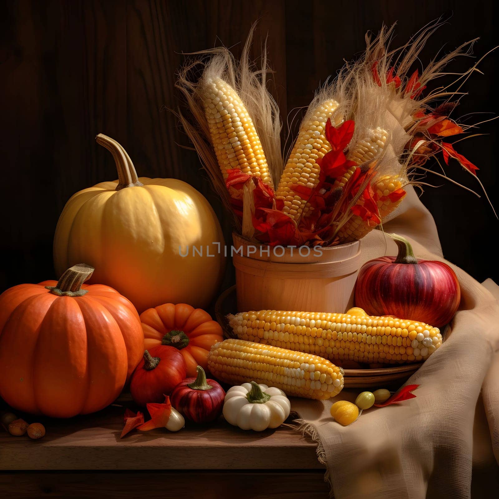 Elegantly arranged crops from the field, pumpkins and corn on a dark wooden background. Pumpkin as a dish of thanksgiving for the harvest. An atmosphere of joy and celebration.