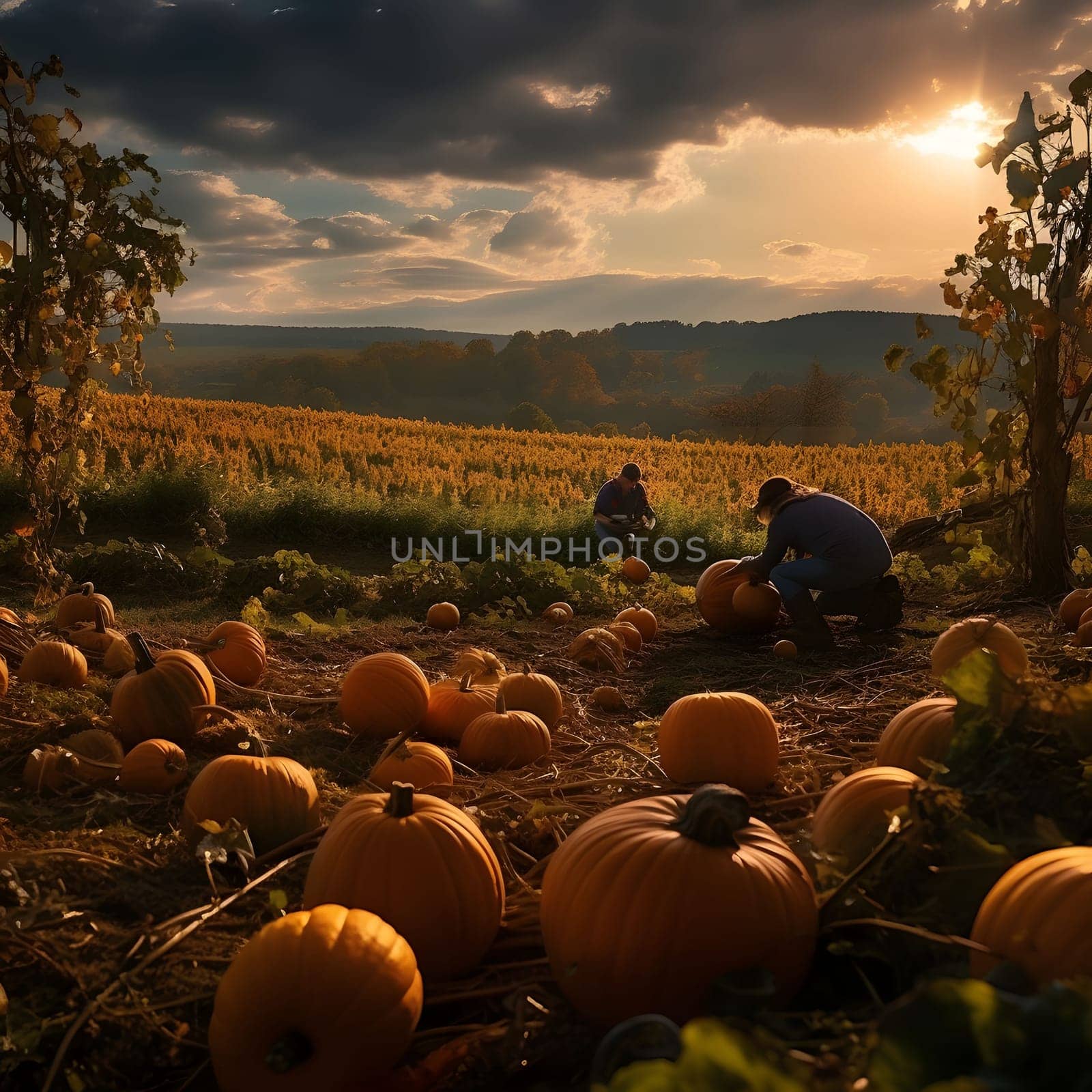 Two people in the south at sunset. Pumpkin as a dish of thanksgiving for the harvest. An atmosphere of joy and celebration.