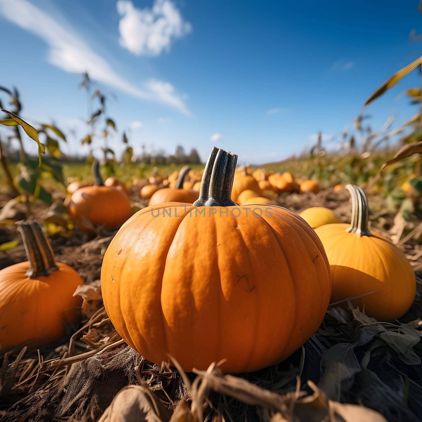 A close-up view of picked pumpkins in a pumpkin field. Pumpkin as a dish of thanksgiving for the harvest. An atmosphere of joy and celebration.