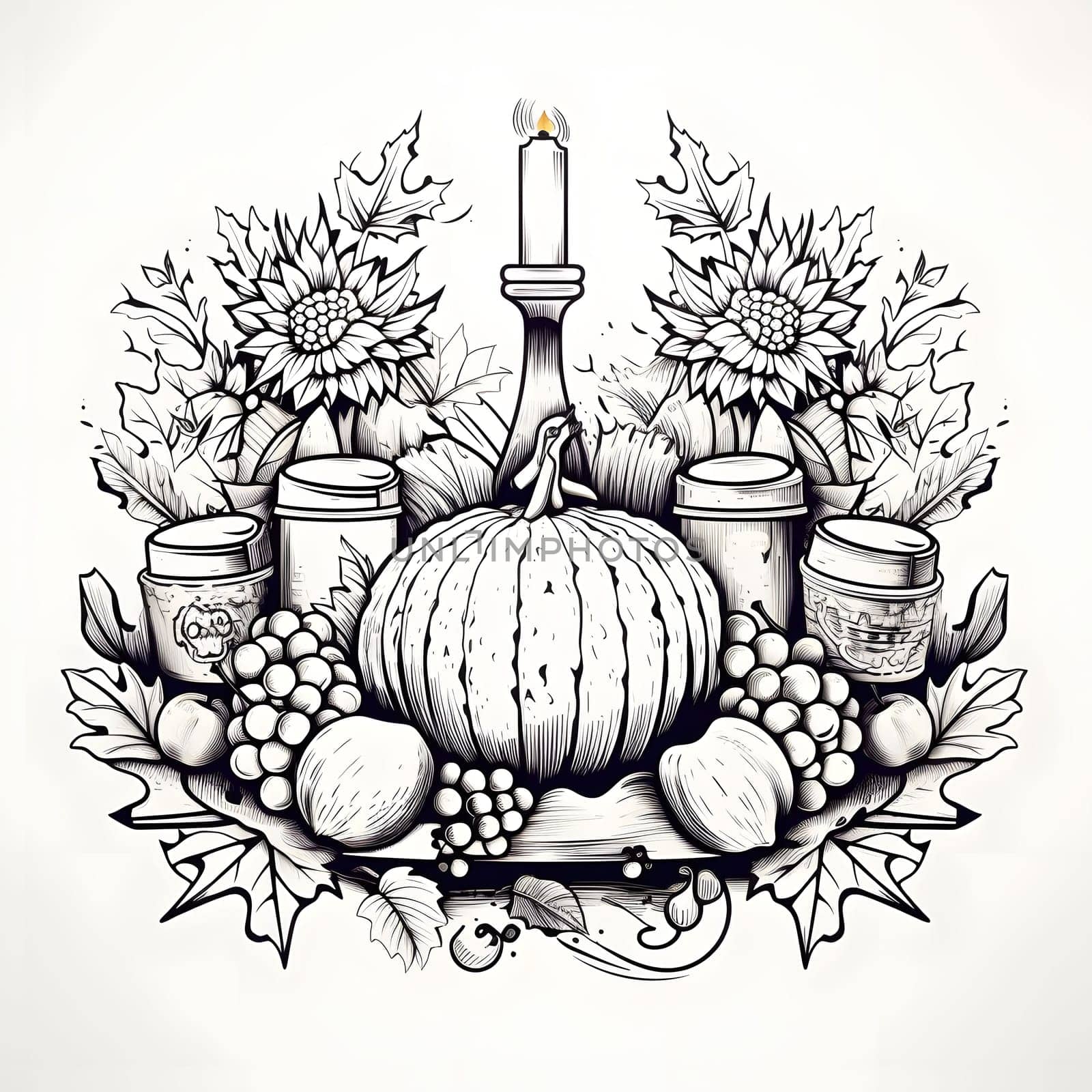 Black and white coloring book, candle, flowers, grape pumpkins. Pumpkin as a dish of thanksgiving for the harvest, picture on a white isolated background. by ThemesS