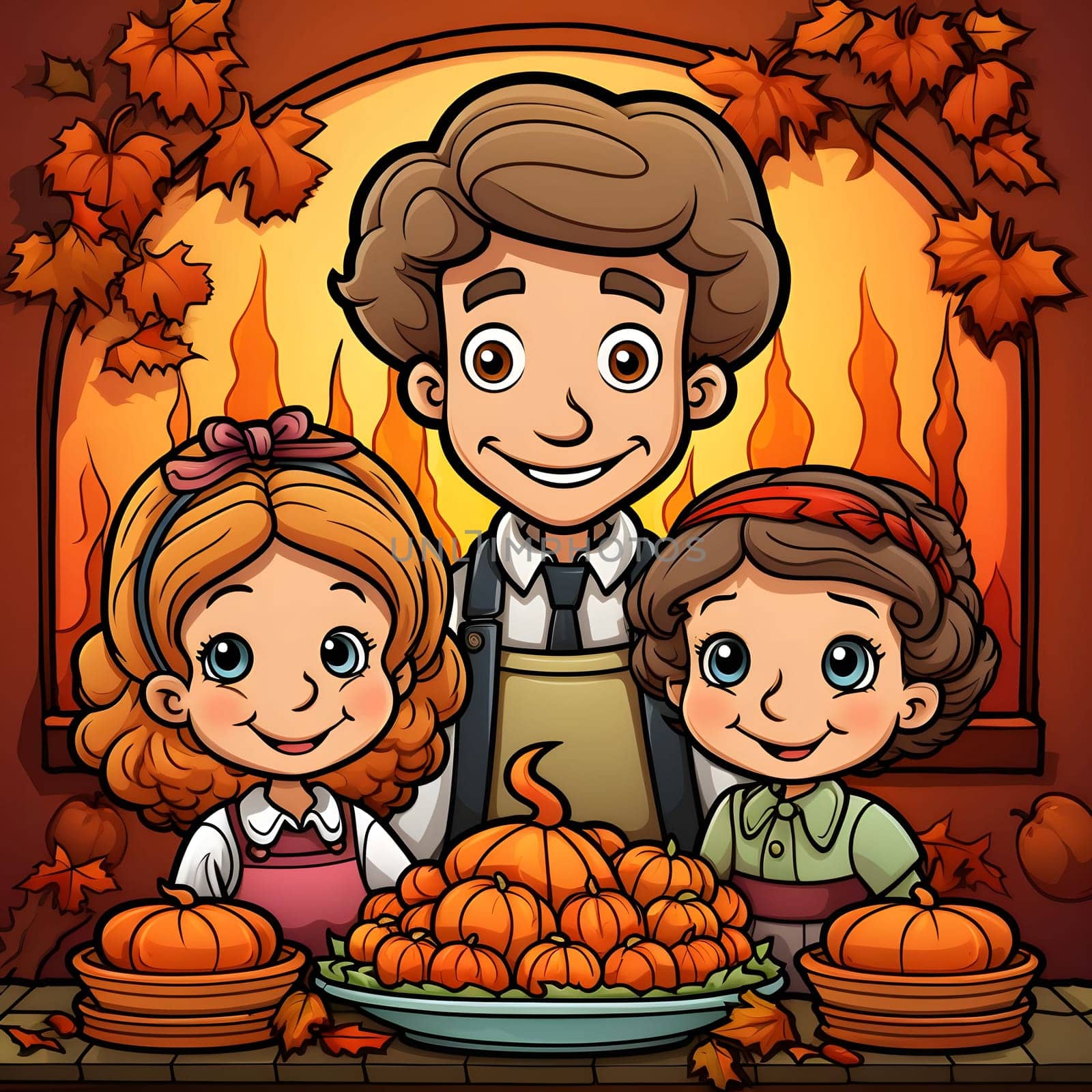 Illustration of a smiling family at a table with pumpkins in the back of the fireplace and leaves. Pumpkin as a dish of thanksgiving for the harvest. An atmosphere of joy and celebration.