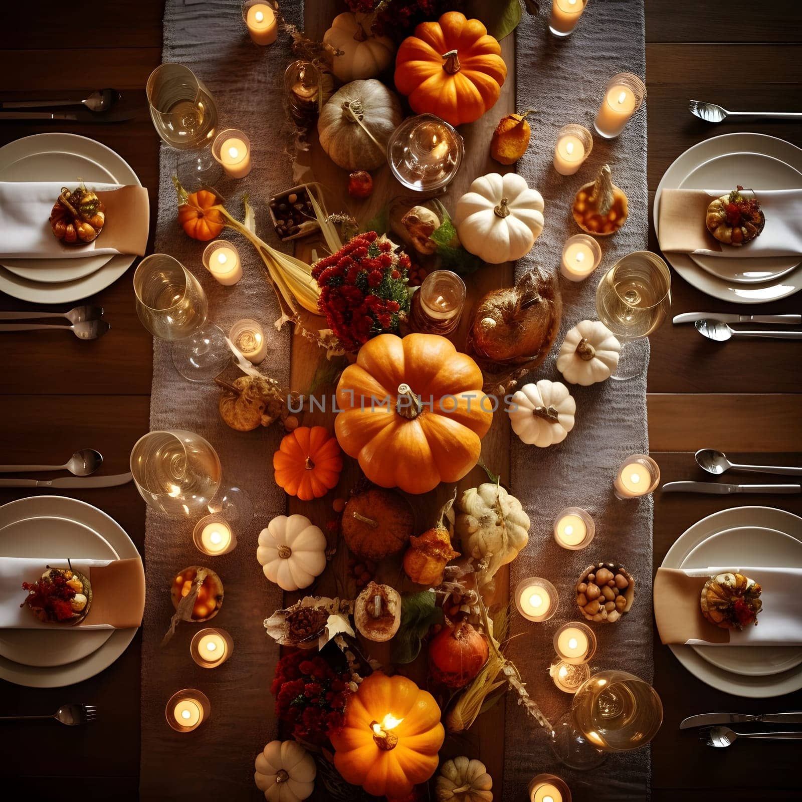 Top view of an elegantly set table, plates, cutlery, pumpkin candles, glasses. Pumpkin as a dish of thanksgiving for the harvest. by ThemesS