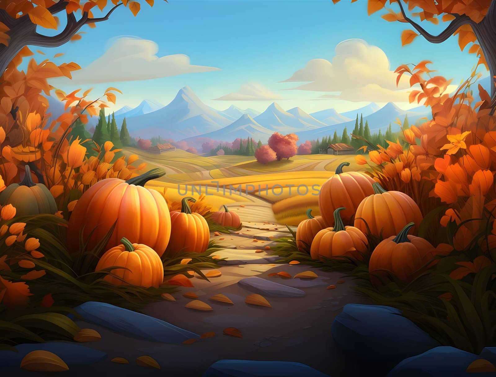 Fairy tale illustration; pumpkins flowers fields with mountains in background. Banner. Pumpkin as a dish of thanksgiving for the harvest. An atmosphere of joy and celebration.