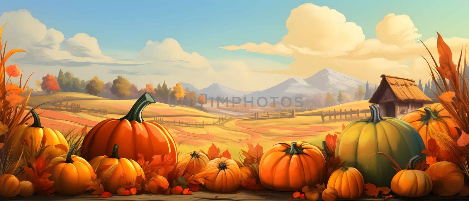 Fairy tale illustration; pumpkins flowers fields with mountains in background. Banner. Pumpkin as a dish of thanksgiving for the harvest. An atmosphere of joy and celebration.