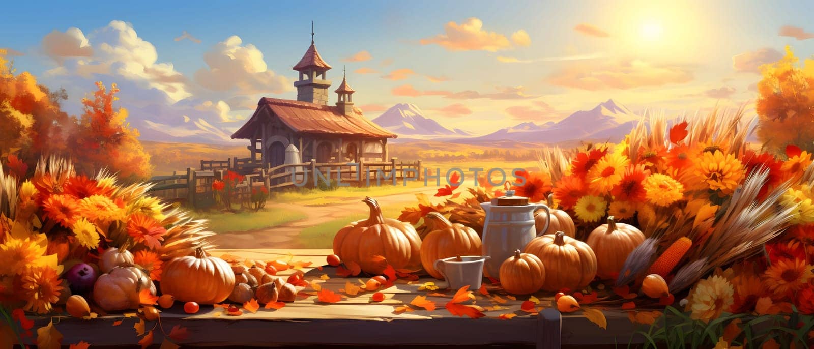 Fairy tale illustration; pumpkins flowers fields with mountains in background. Banner. Pumpkin as a dish of thanksgiving for the harvest. An atmosphere of joy and celebration.