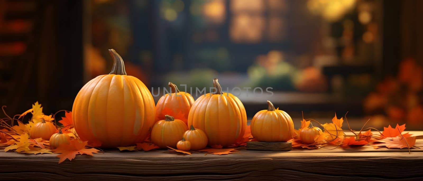 Elegantly arranged pumpkins and autumn leaves on a wooden table top, smudged background. Pumpkin as a dish of thanksgiving for the harvest. An atmosphere of joy and celebration.