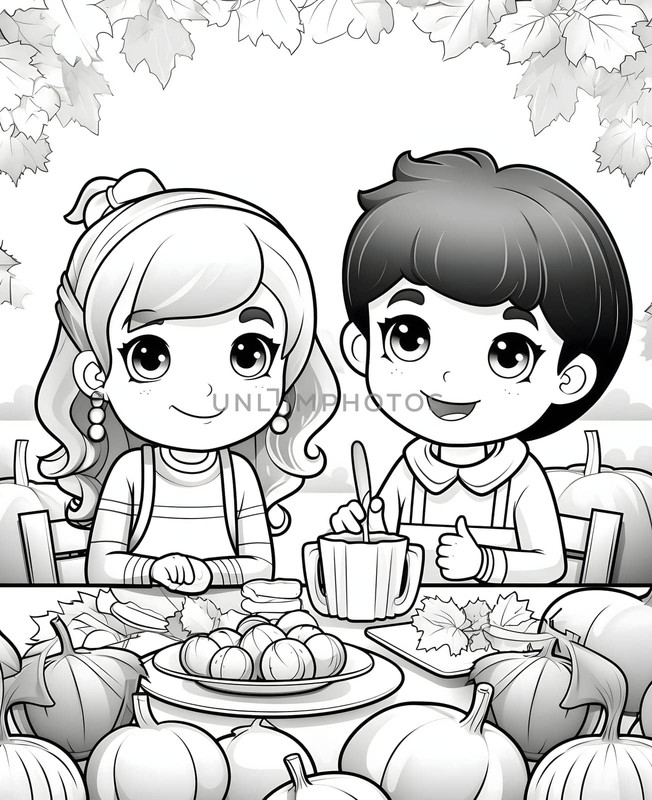 Black and White coloring book, boy and girl at a table full of pumpkins. Pumpkin as a dish of thanksgiving for the harvest, picture on a white isolated background. Atmosphere of joy and celebration.