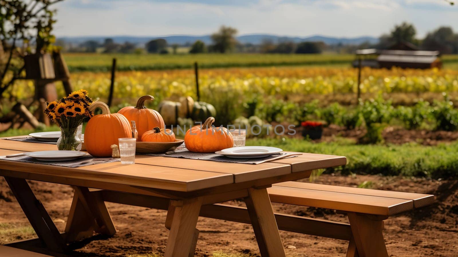 Photo of a wooden table with benches, and on it plates of pumpkins in the background field. Pumpkin as a dish of thanksgiving for the harvest. by ThemesS