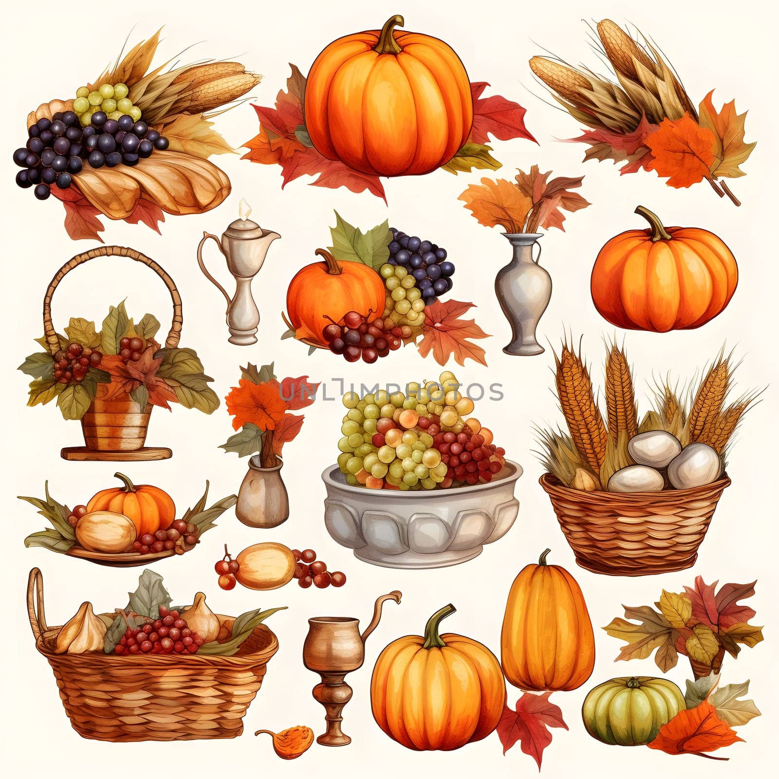 Stickers related to harvest, vegetables, fruits. Pumpkin as a dish of thanksgiving for the harvest, picture on a white isolated background. Atmosphere of joy and celebration.