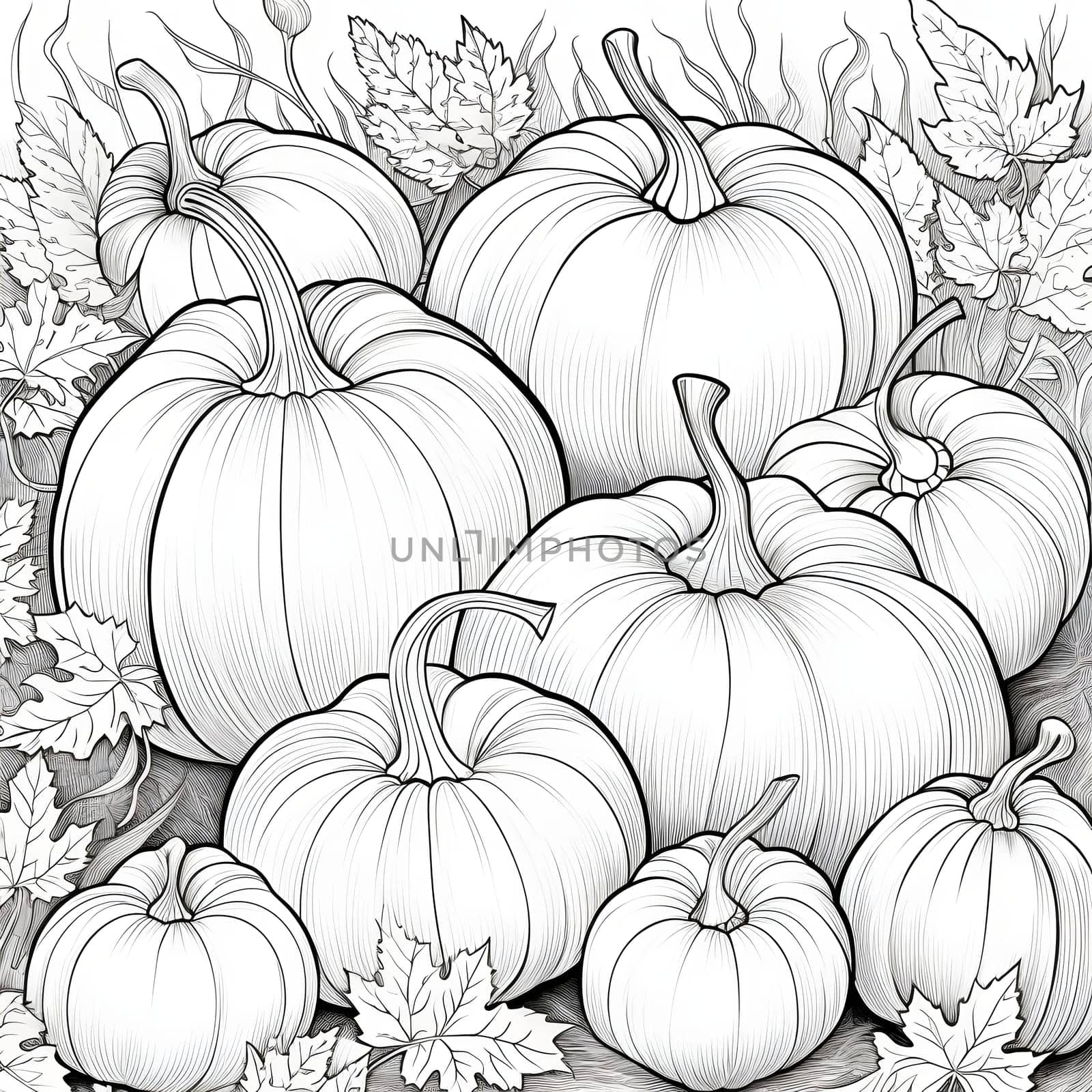 Black, White coloring book. A dozen pumpkins and leaves. Pumpkin as a dish of thanksgiving for the harvest, picture on a white isolated background. by ThemesS