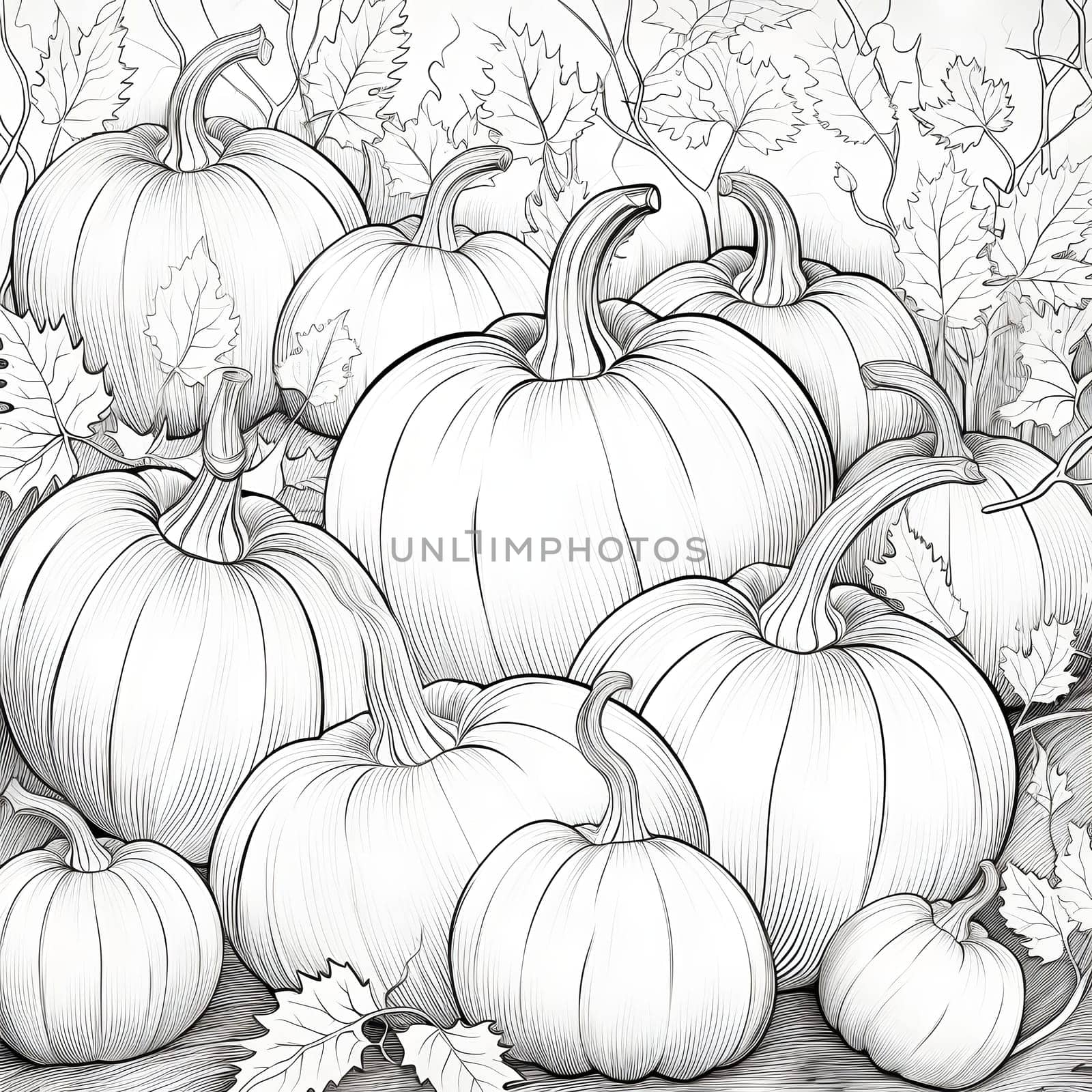 Black, White coloring book. A dozen pumpkins and leaves. Pumpkin as a dish of thanksgiving for the harvest, picture on a white isolated background. by ThemesS