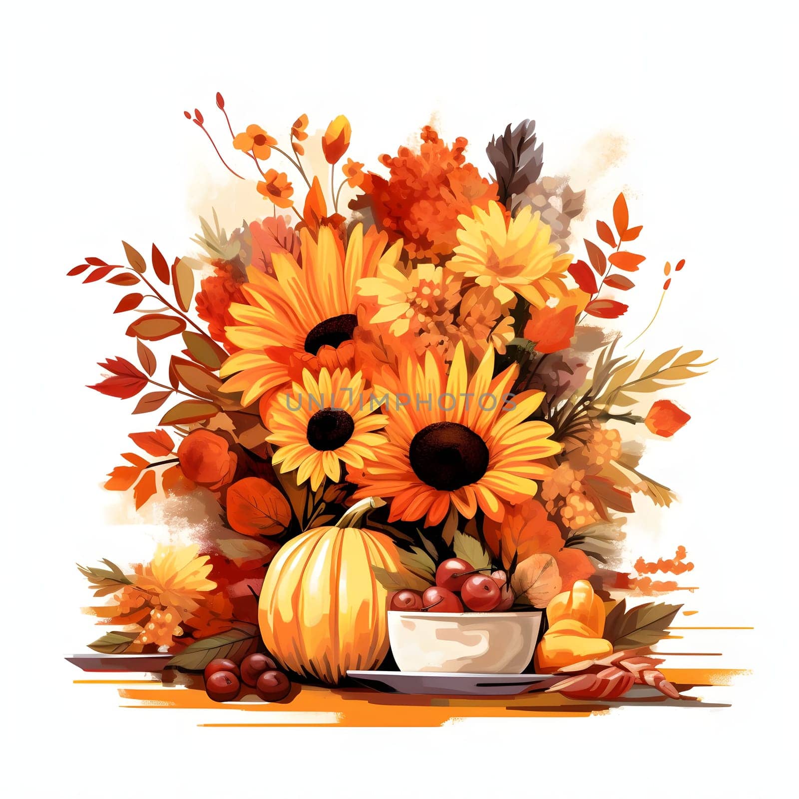 Autumn flowers collected from the field and harvest. Pumpkin as a dish of thanksgiving for the harvest, picture on a white isolated background. Atmosphere of joy and celebration.