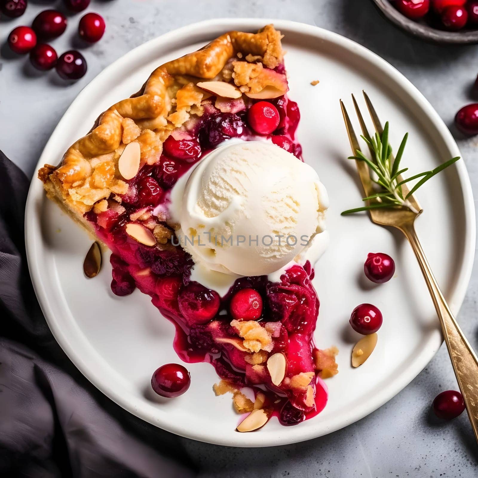 A slice of cherry and pumpkin pie with ice cream on a plate, top view. Pumpkin as a dish of thanksgiving for the harvest. An atmosphere of joy and celebration.