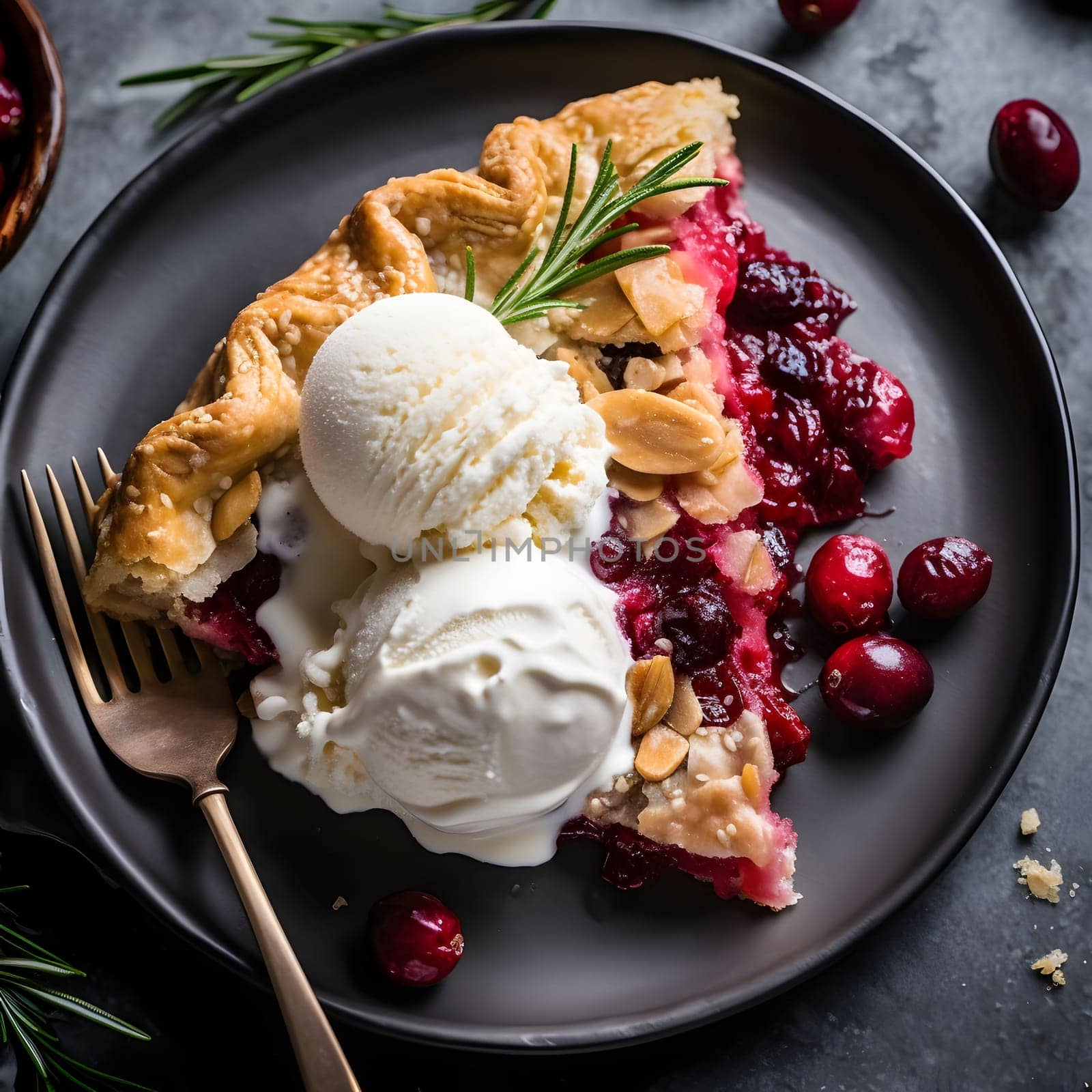 A slice of cherry and pumpkin pie with ice cream on a plate, top view. Pumpkin as a dish of thanksgiving for the harvest. An atmosphere of joy and celebration.