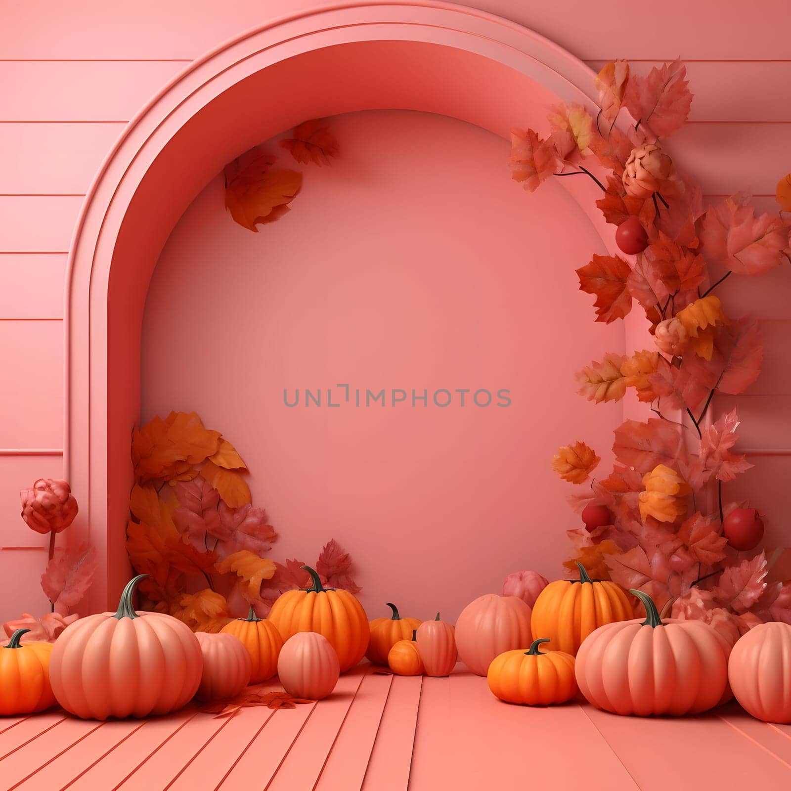 Elegant scenery with pumpkins and autumn leaves. Pink color. Pumpkin as a dish of thanksgiving for the harvest. by ThemesS