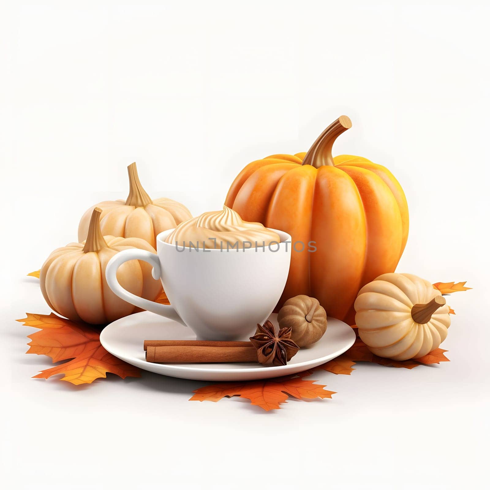Pumpkins and a Cup of Pumpkin Mousse on a white plate around the leaves. Pumpkin as a dish of thanksgiving for the harvest, picture on a white isolated background. Atmosphere of joy and celebration.