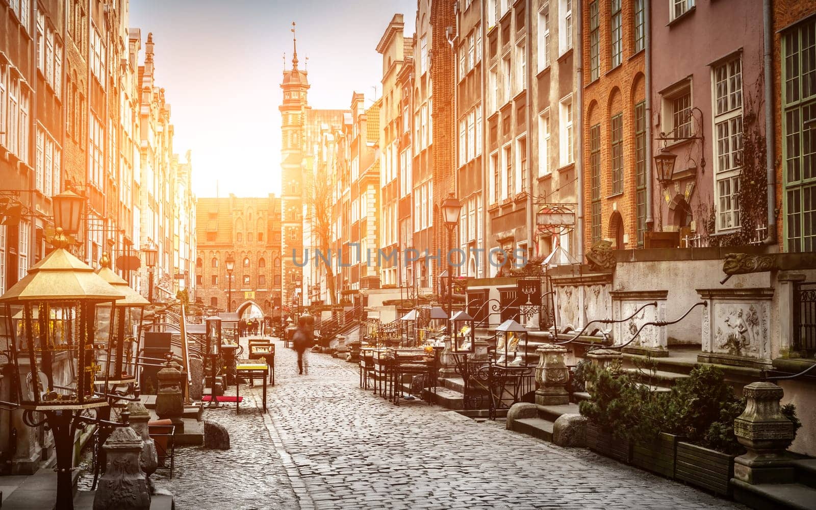 Architecture of Mariacka street in Gdansk is one of the most interesting tourist attractions and sightseeing places in Gdansk at sunset.