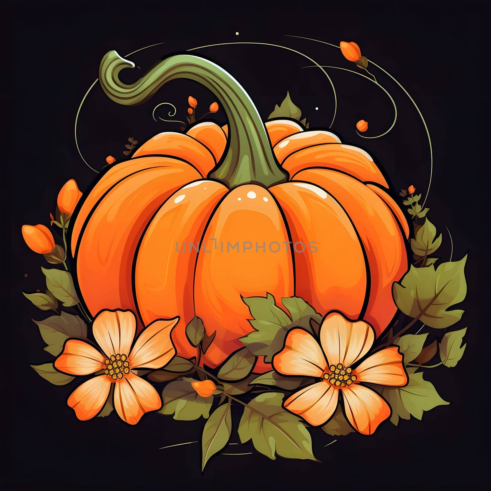 Pumpkin with flowers and leaves on a dark background. Pumpkin as a dish of thanksgiving for the harvest. An atmosphere of joy and celebration.