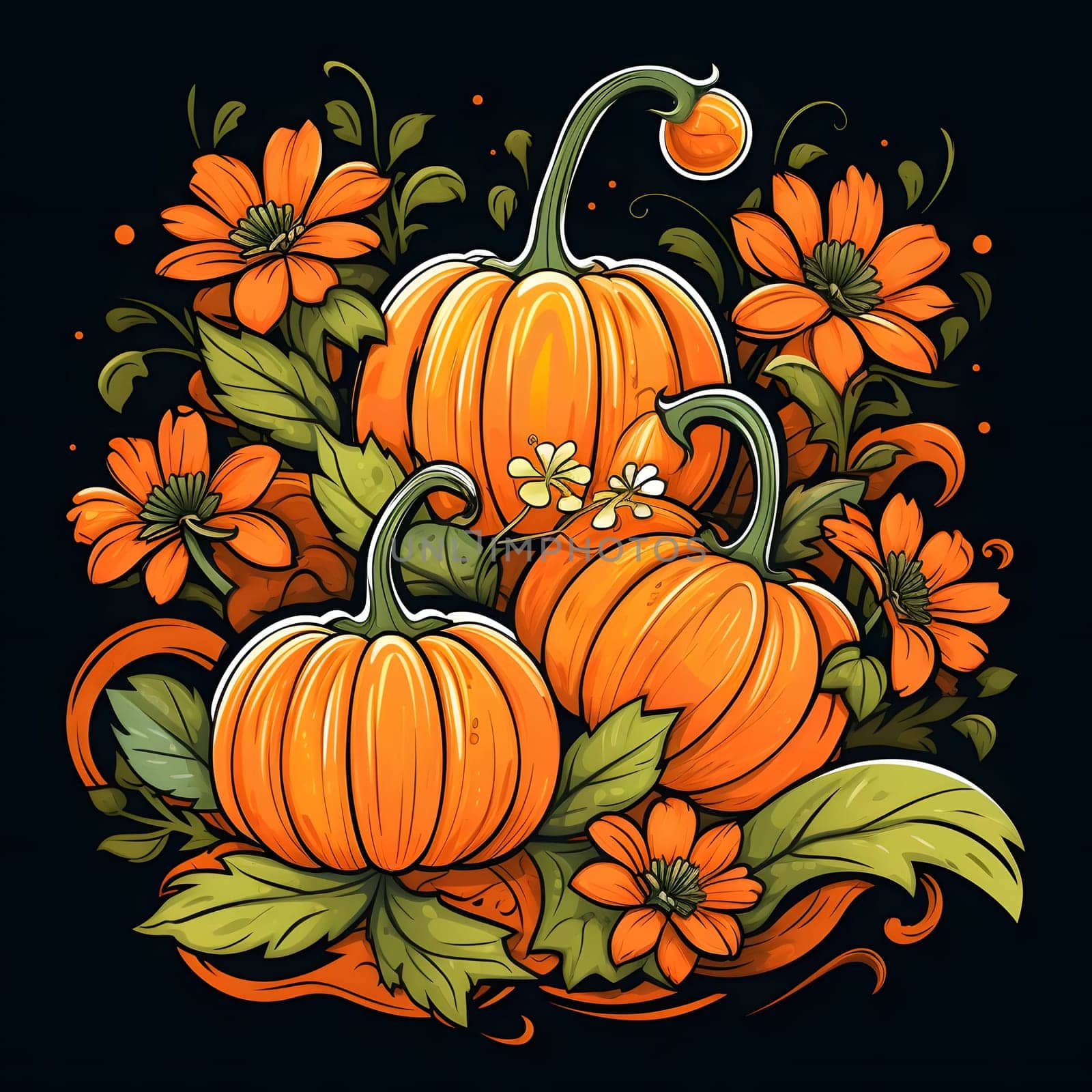 Three pumpkins, leaves and flowers isolated on a black background. Pumpkin as a dish of thanksgiving for the harvest. An atmosphere of joy and celebration.