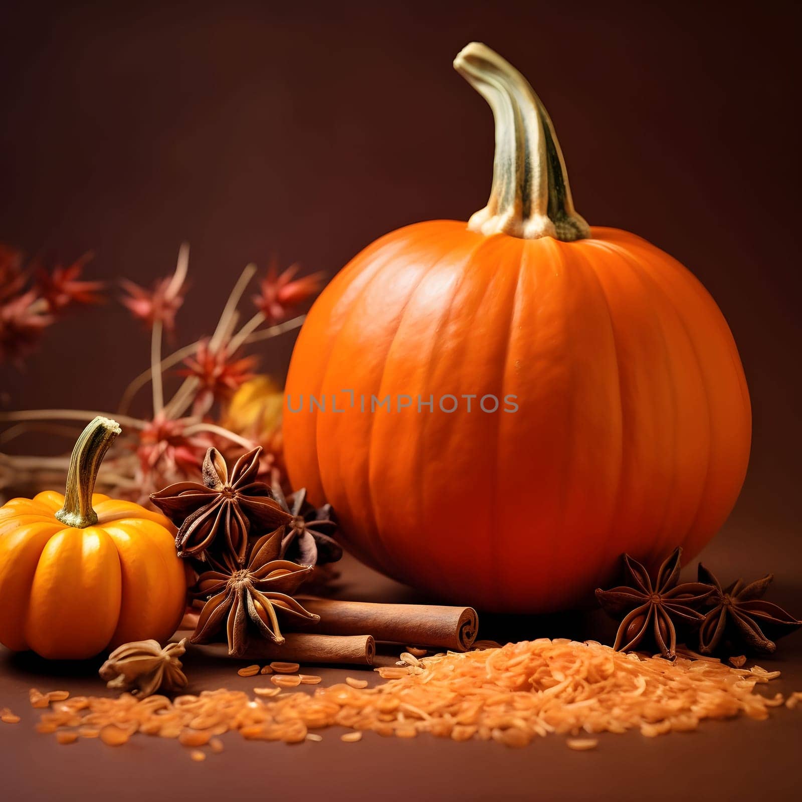 Orange, large and small pumpkin, pumpkin seeds and flowers, dark smudged background. Pumpkin as a dish of thanksgiving for the harvest. An atmosphere of joy and celebration.