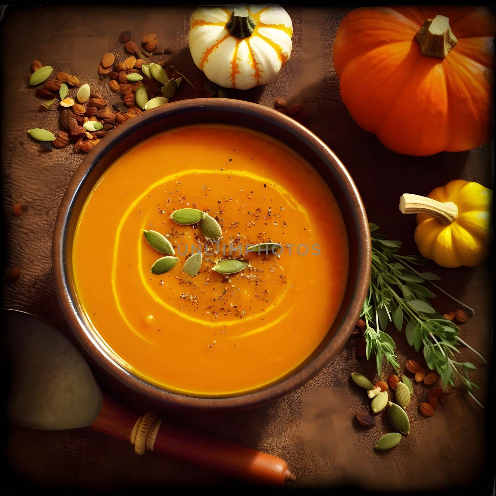 An aerial view of the day's soup and spiced seeds and pumpkins all around. Pumpkin as a dish of thanksgiving for the harvest. An atmosphere of joy and celebration.