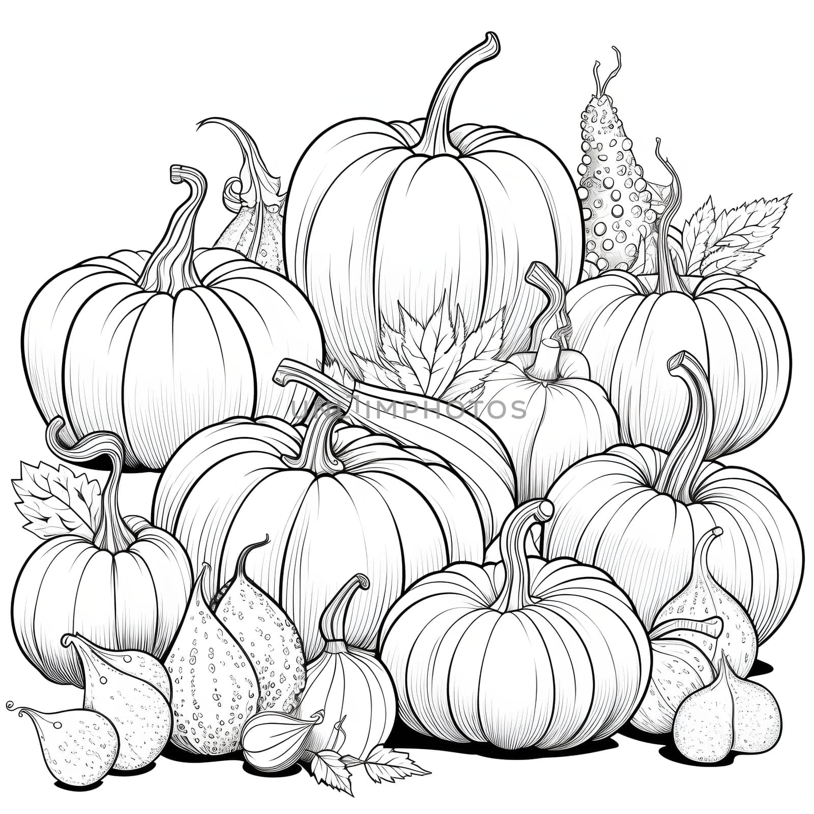 Black and White coloring book, harvest from the field; pumpkins. Pumpkin as a dish of thanksgiving for the harvest, picture on a white isolated background. Atmosphere of joy and celebration.