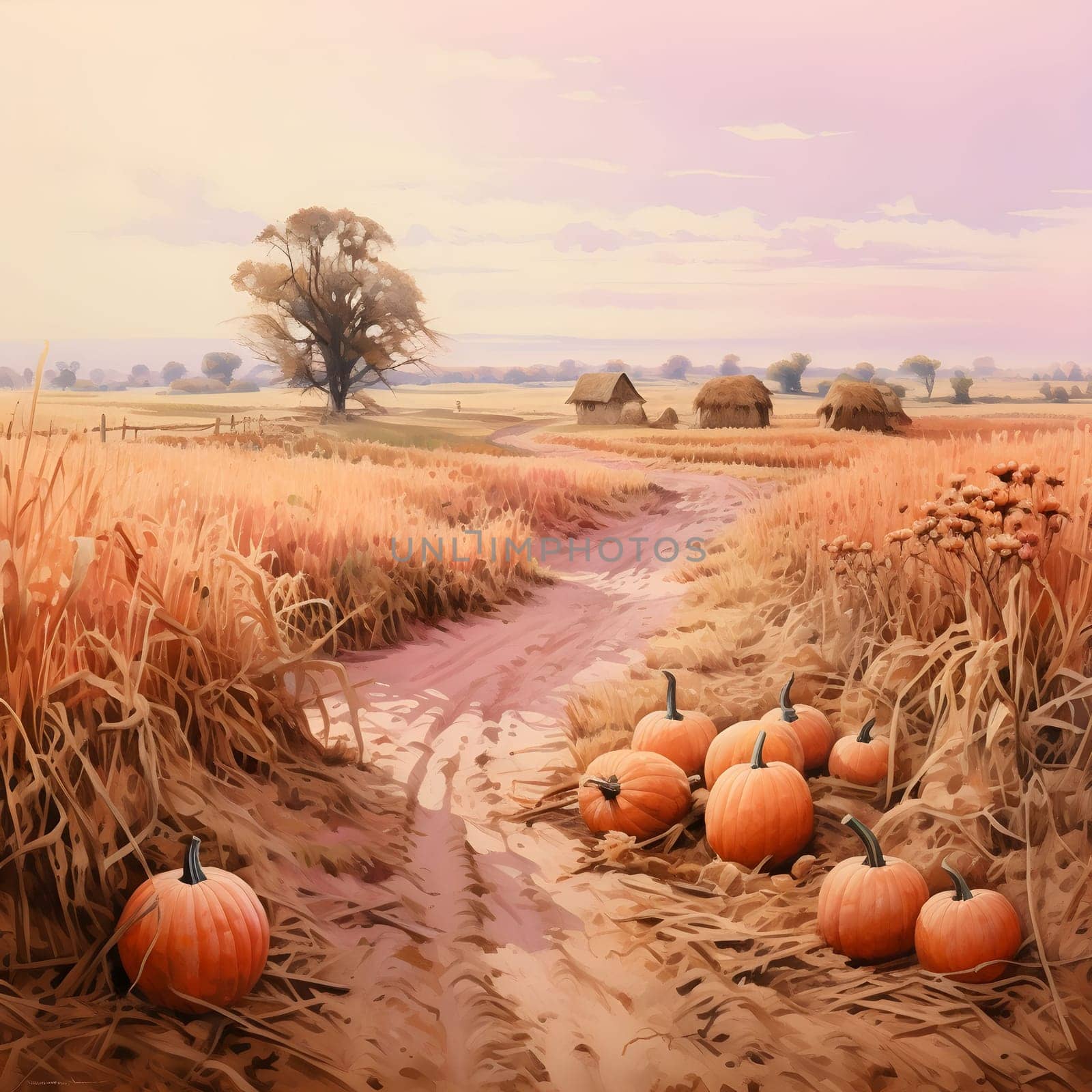 Illustration of a field in autumn scattered pumpkins, old residential cottages in the background. Pumpkin as a dish of thanksgiving for the harvest, picture on a white isolated background. Atmosphere of joy and celebration.