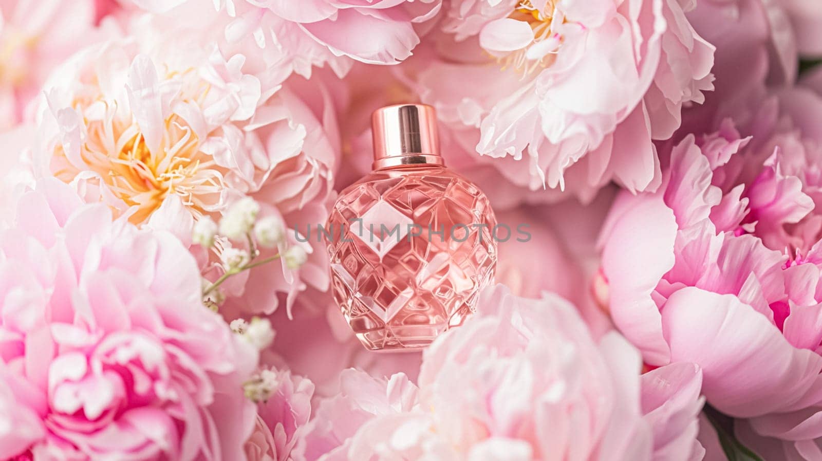 Perfume bottle with beautiful flowers. Beauty concept. Flat lay, top view by Olayola