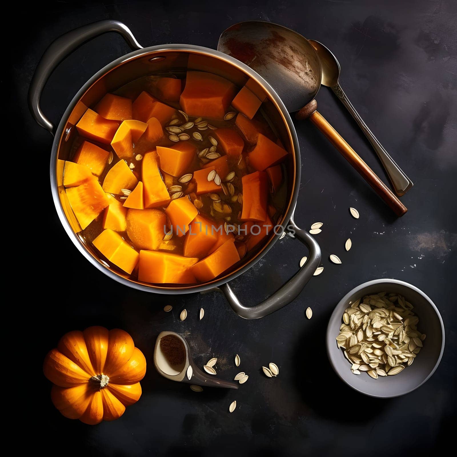 Top view of pumpkin soup around seeds and pumpkins dark background. Pumpkin as a dish of thanksgiving for the harvest. by ThemesS