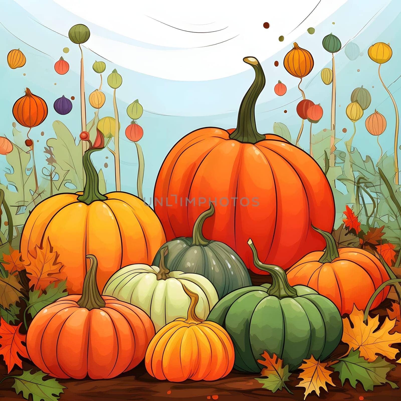 Illustrated pumpkins autumn leaves background, New Year lanterns. Pumpkin as a thanksgiving dish for the harvest. An atmosphere of joy and celebration.
