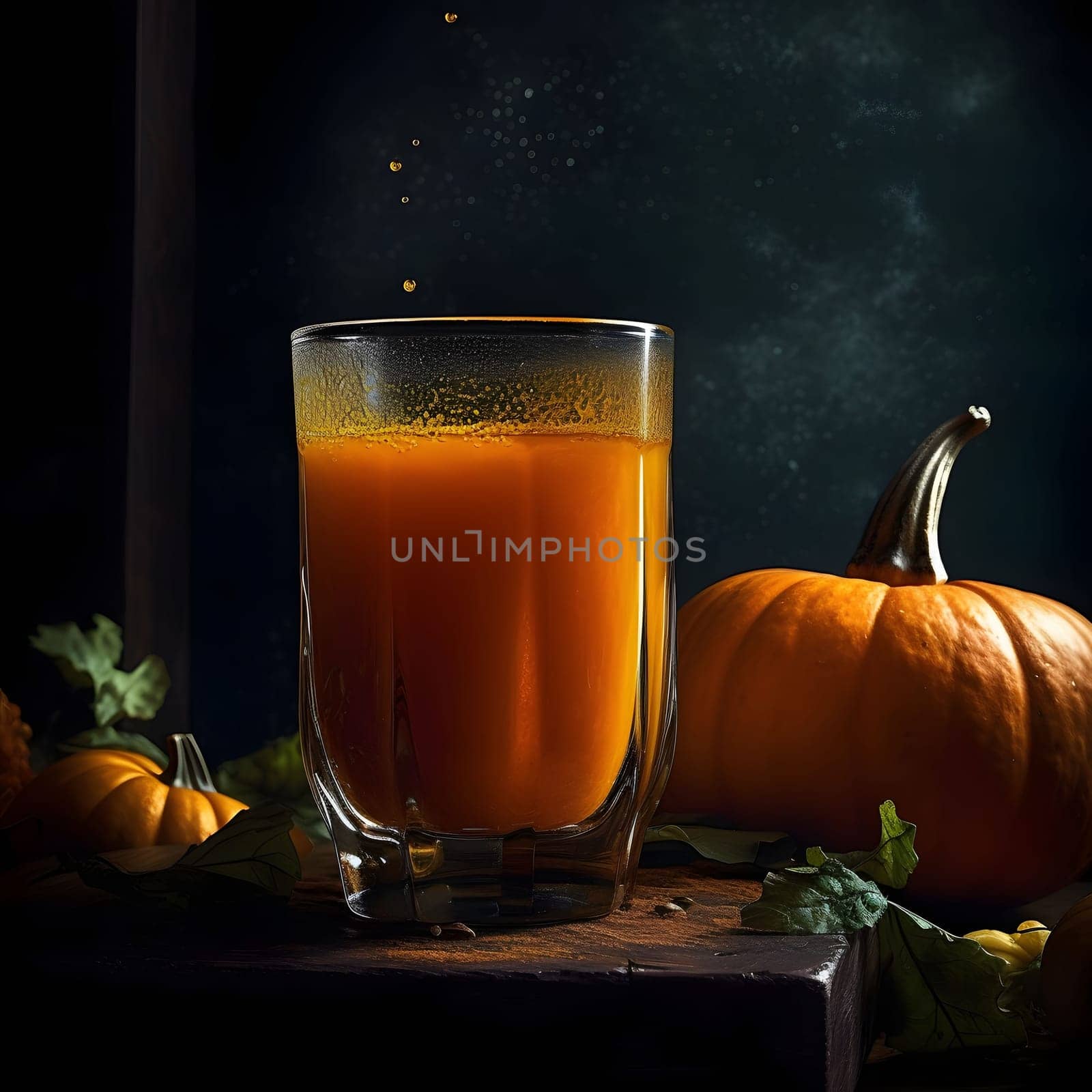 Pumpkin juice in a glass and pumpkin on a dark background. Pumpkin as a dish of thanksgiving for the harvest. by ThemesS