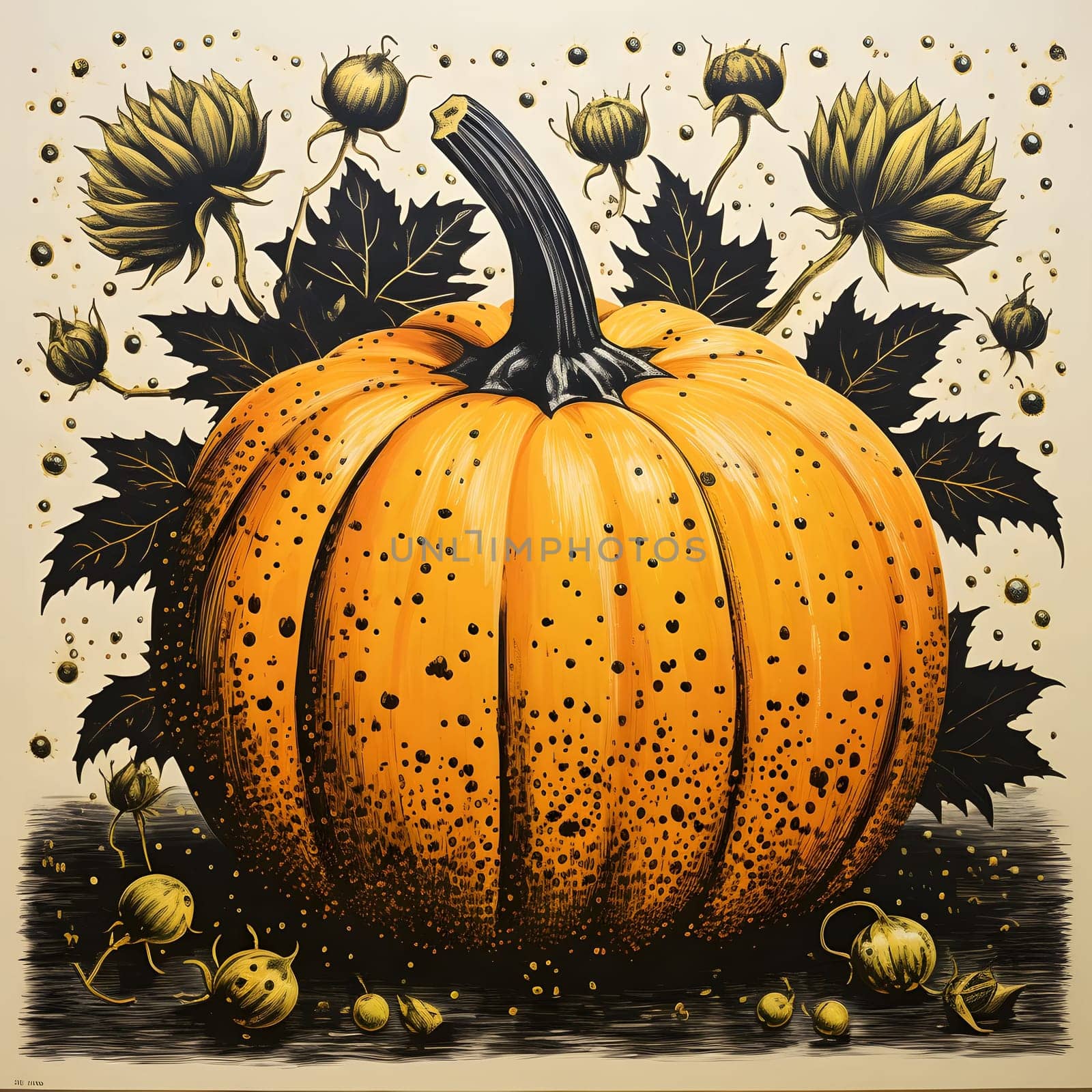 Illustration of orange pumpkin with black dots leaves and flower offshoots. Pumpkin as a dish of thanksgiving for the harvest. An atmosphere of joy and celebration.