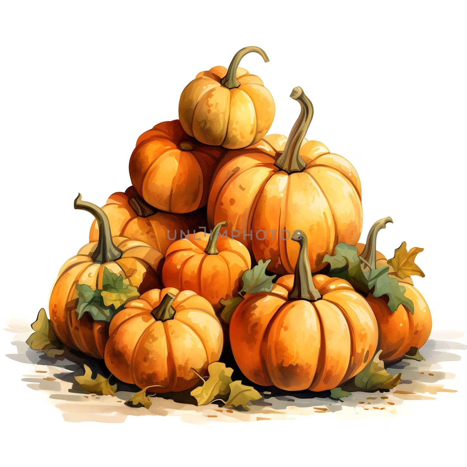 Illustrations. A pile of pumpkins with leaves. Pumpkin as a dish of thanksgiving for the harvest, picture on a white isolated background. Atmosphere of joy and celebration.