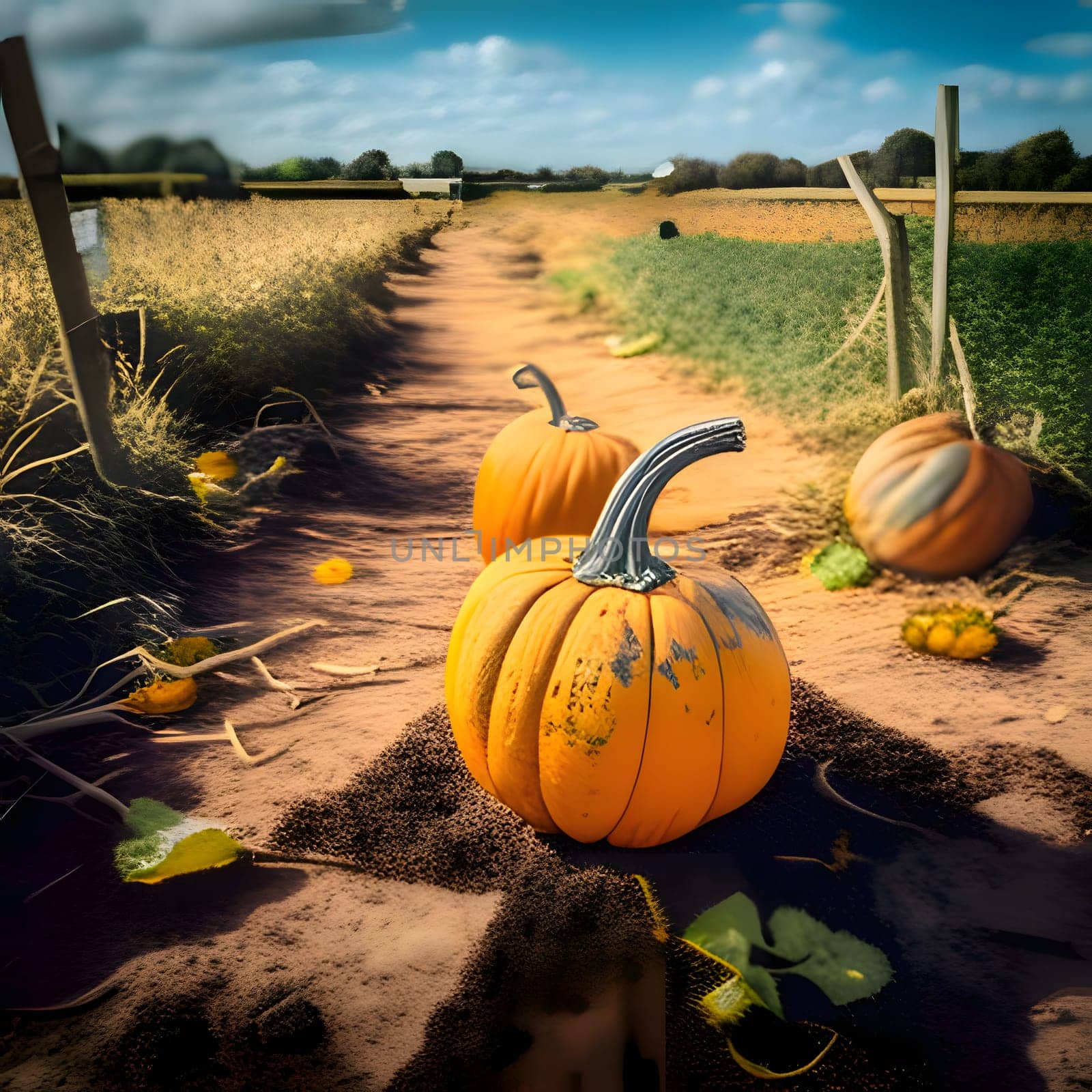 Pumpkins on the path. Pumpkin as a dish of thanksgiving for the harvest. An atmosphere of joy and celebration.