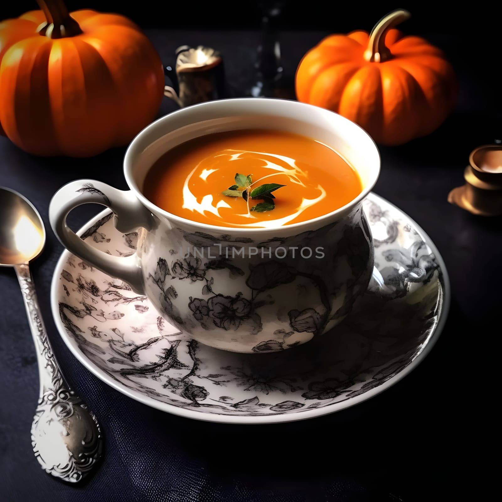 Decorated Porcelain Cup and Plate with pumpkin soup in it. Pumpkin as a dish of thanksgiving for the harvest. An atmosphere of joy and celebration.