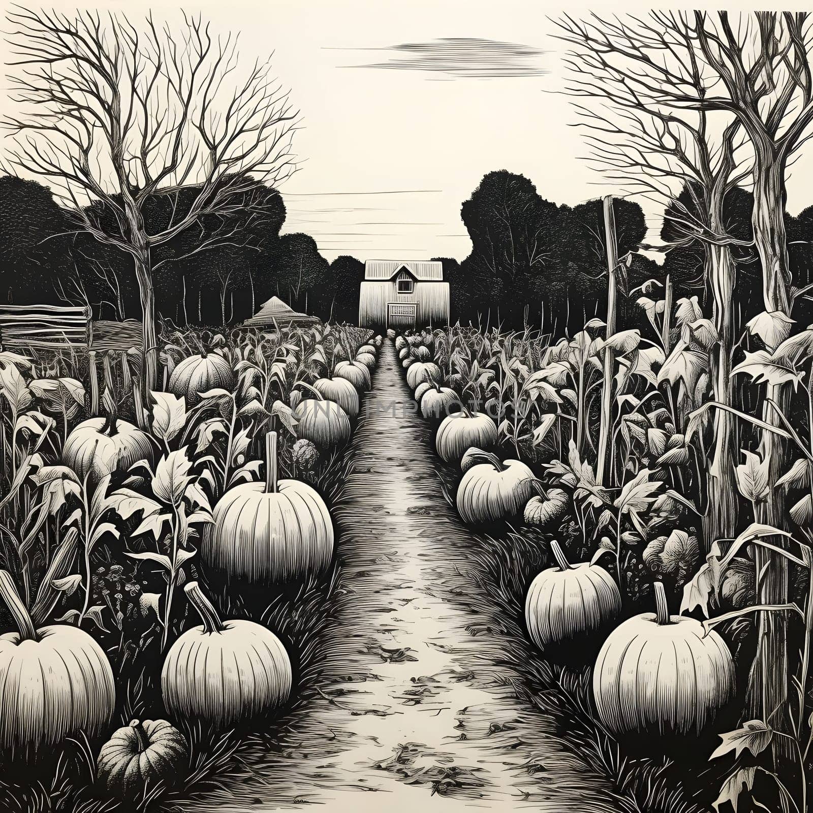 Black and white pumpkin field, shriveled trees and farm. Pumpkin as a dish of thanksgiving for the harvest. by ThemesS