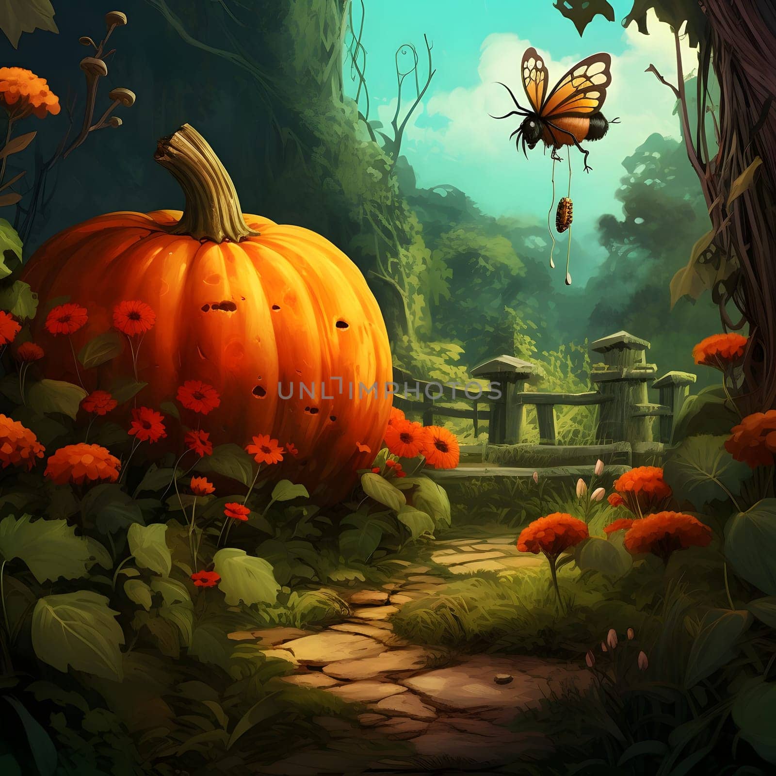 Fairy tale image big bee butterfly, pumpkin, red flowers. Pumpkin as a dish of thanksgiving for the harvest. An atmosphere of joy and celebration.