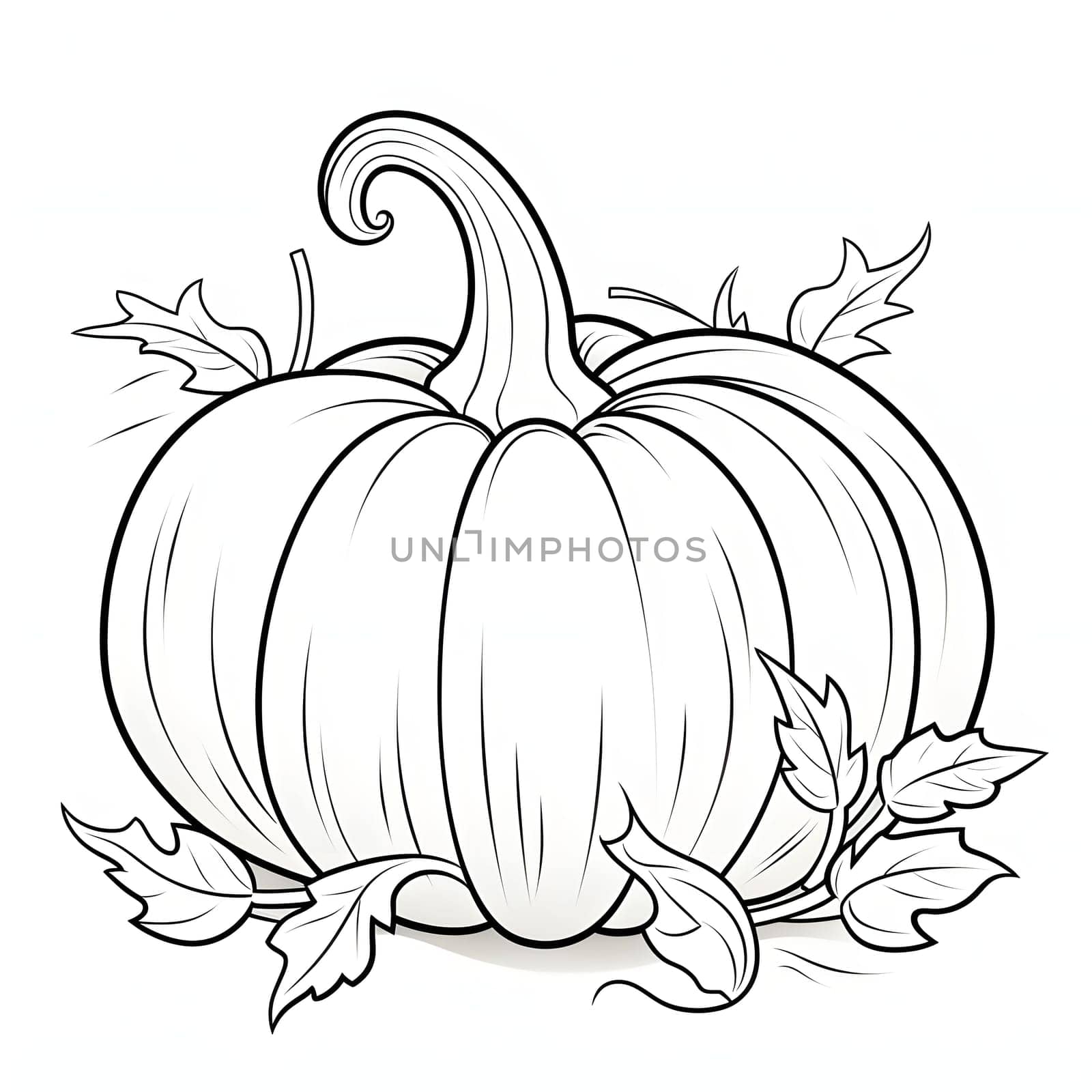 Pumpkin with tiny leaves. Pumpkin as a dish of thanksgiving for the harvest, picture on a white isolated background. Atmosphere of joy and celebration.