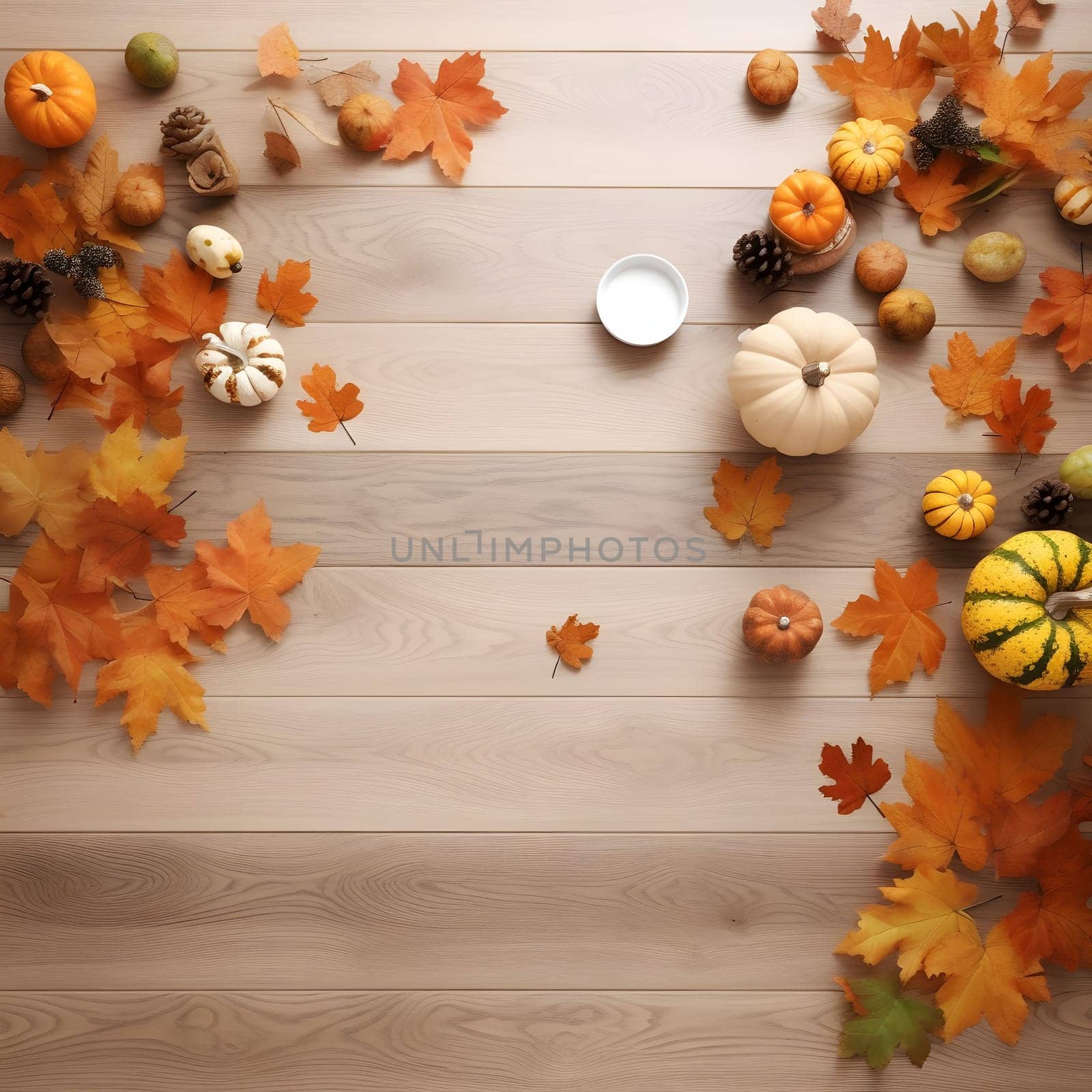 An aerial view of wooden planks, with scattered autumn leaves and pumpkins. Pumpkin as a dish of thanksgiving for the harvest. An atmosphere of joy and celebration.
