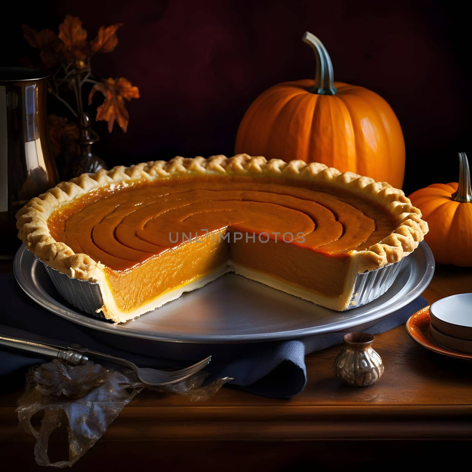 Pumpkin cake on a plate next to pumpkin cutlery. Pumpkin as a dish of thanksgiving for the harvest. An atmosphere of joy and celebration.
